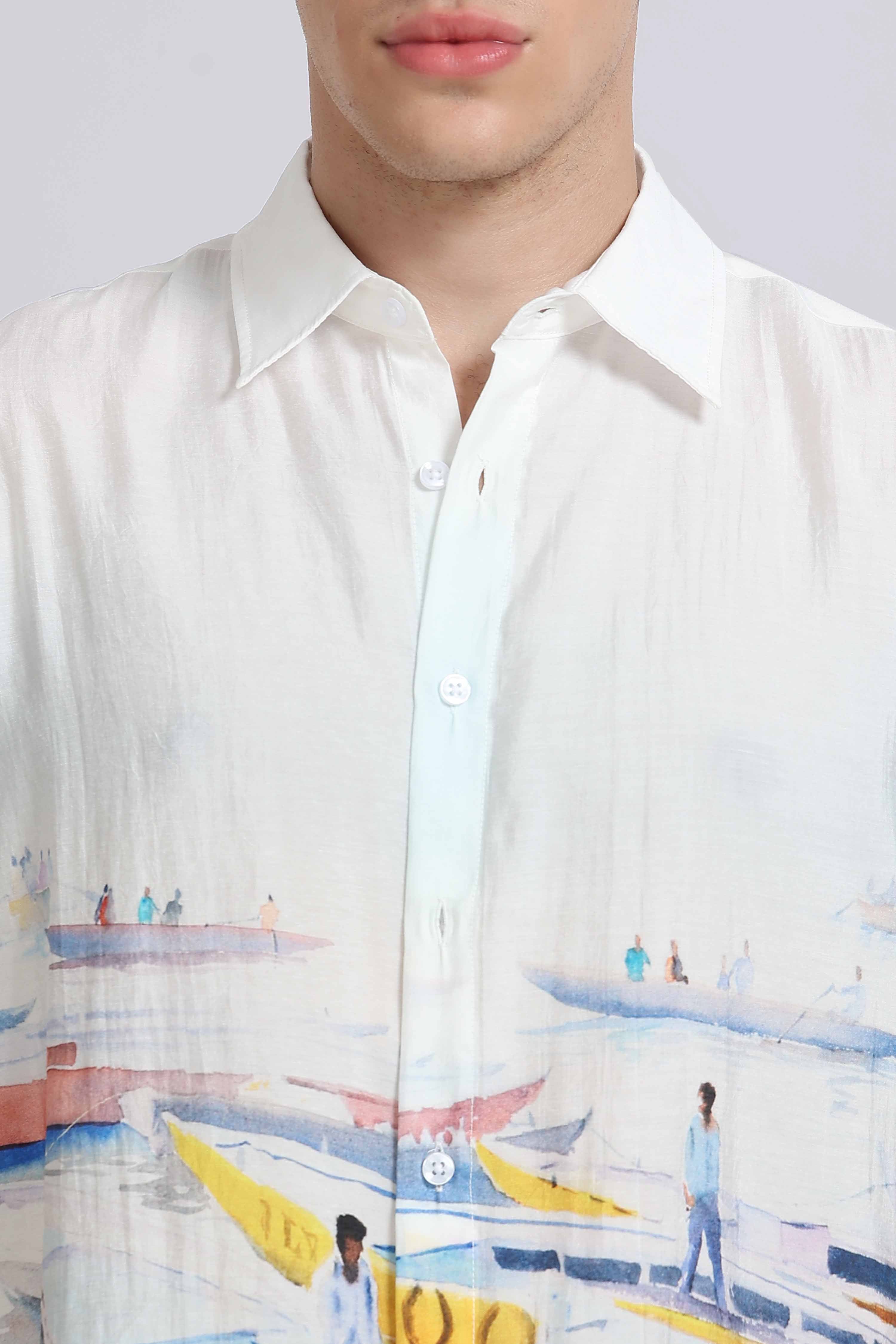 Men Blue Oversized Print Shirt