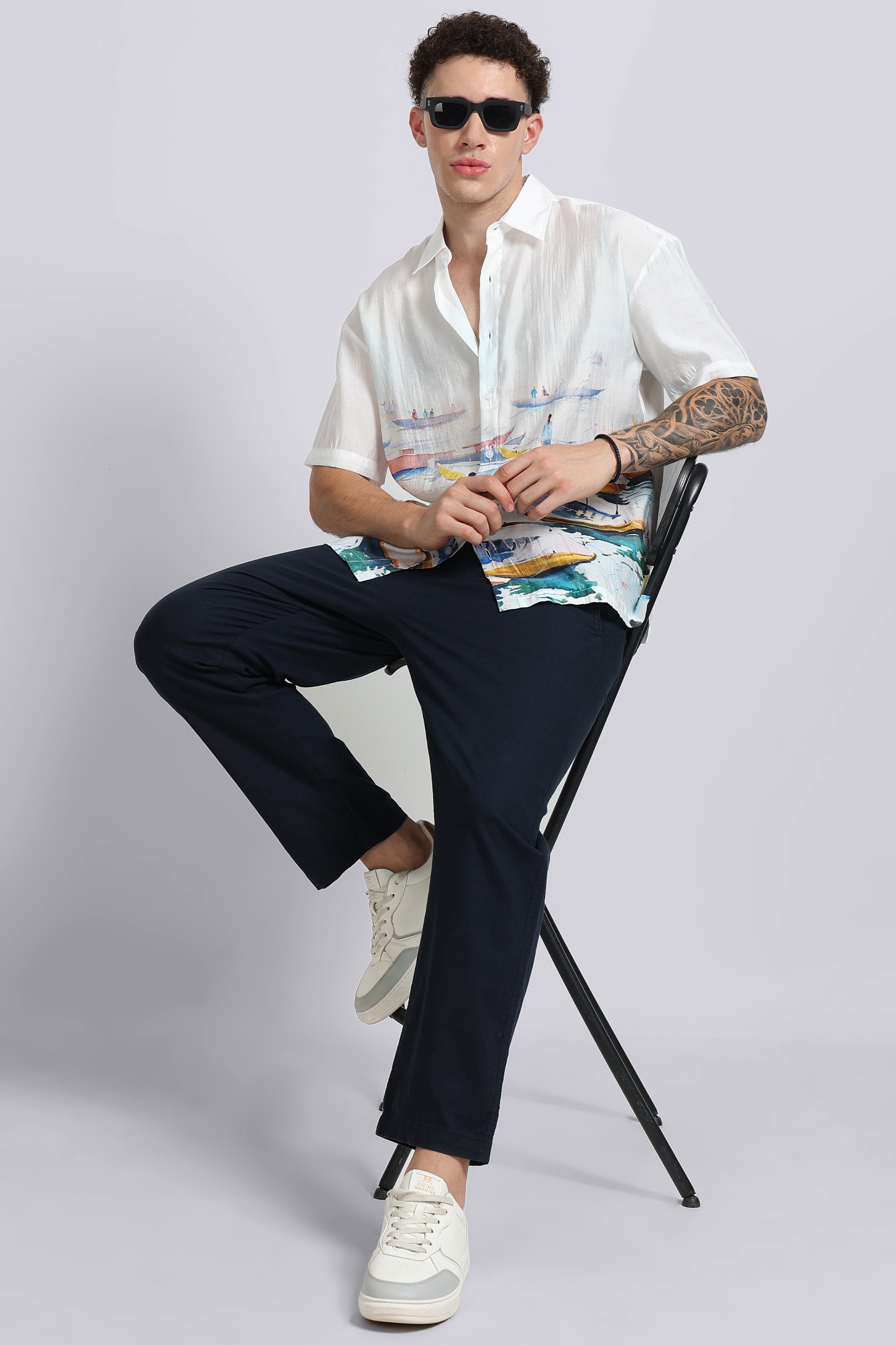 Men Blue Oversized Print Shirt