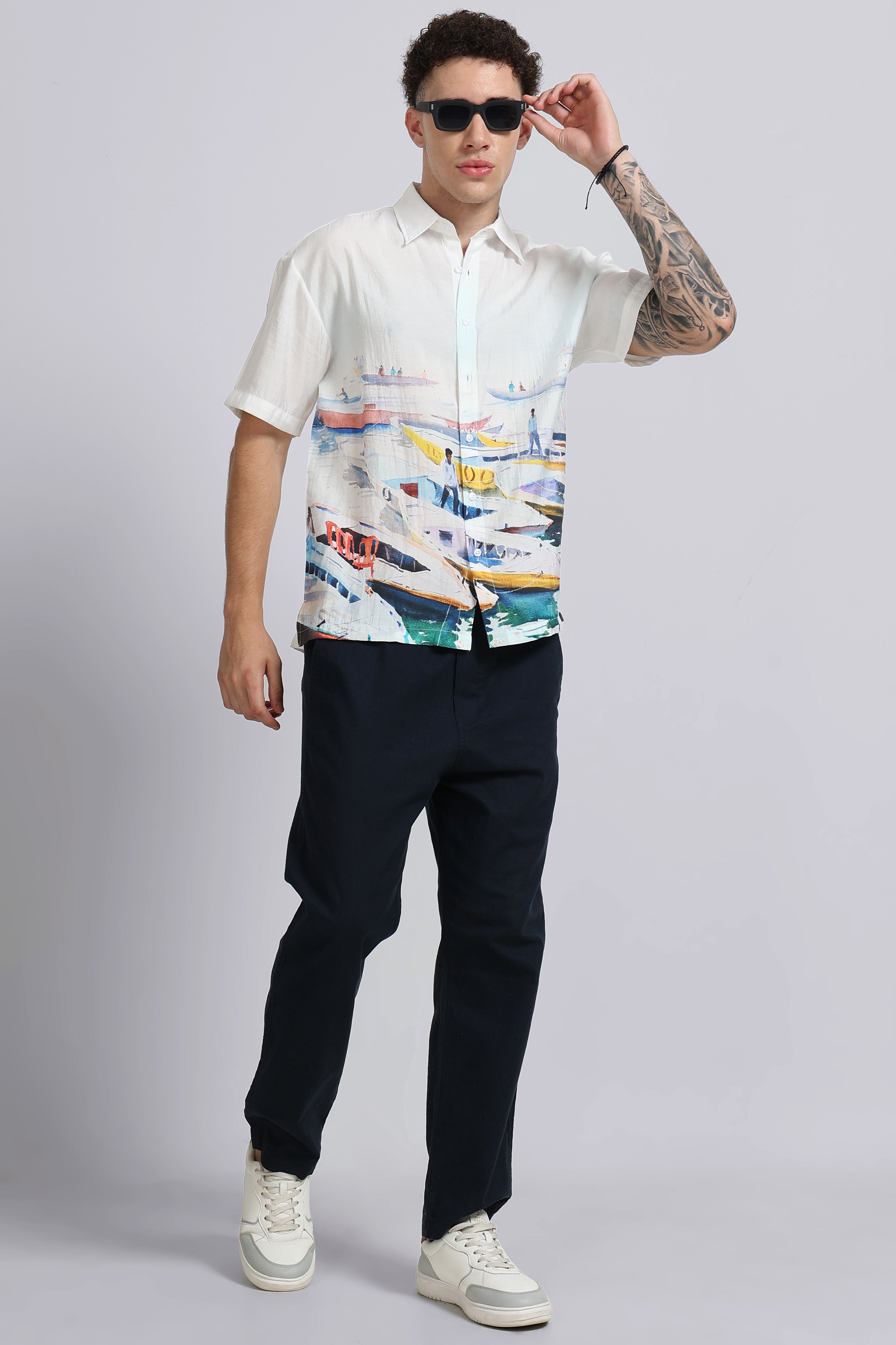 Men Blue Oversized Print Shirt
