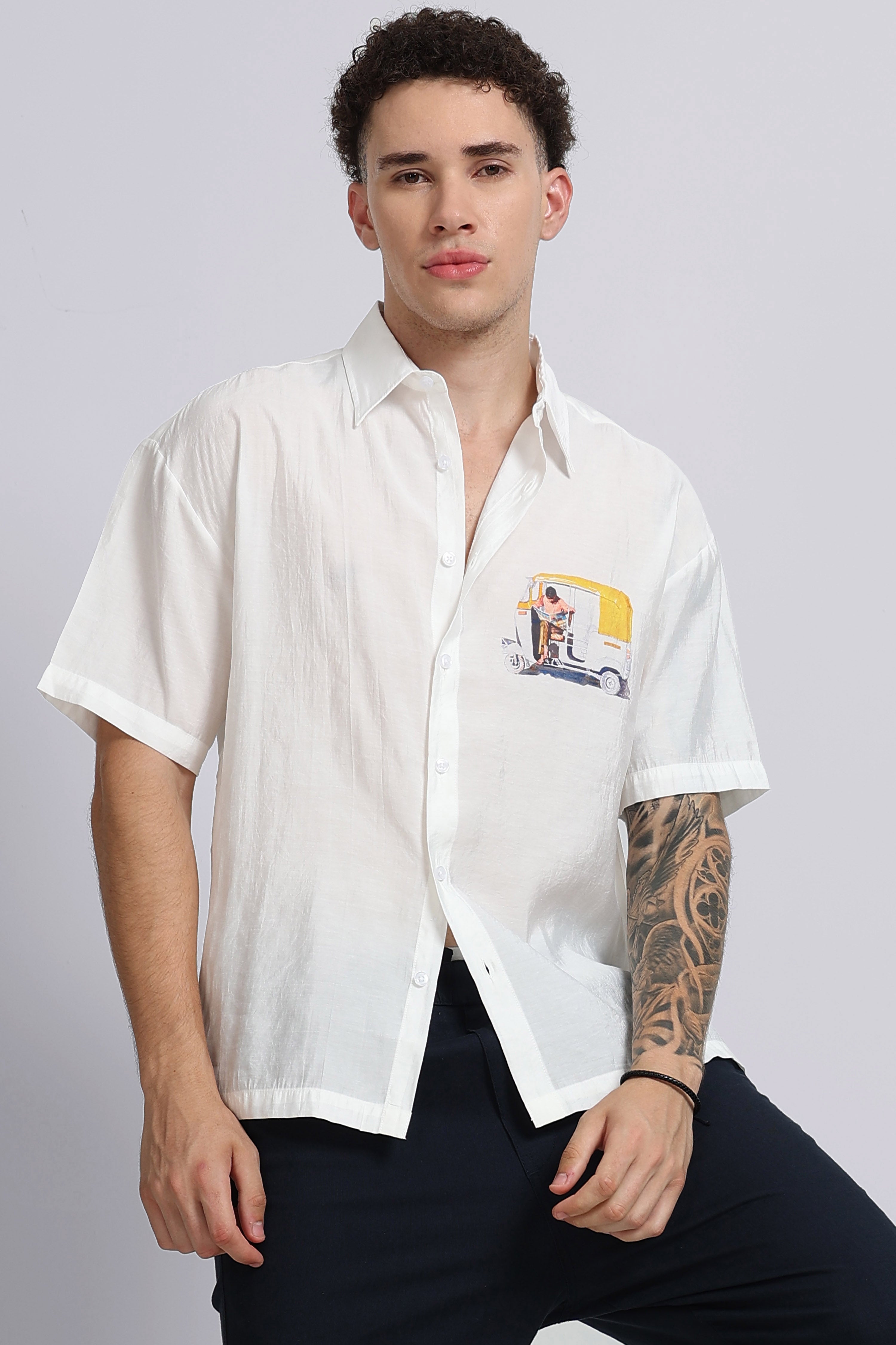 Men White Oversized Print Shirt