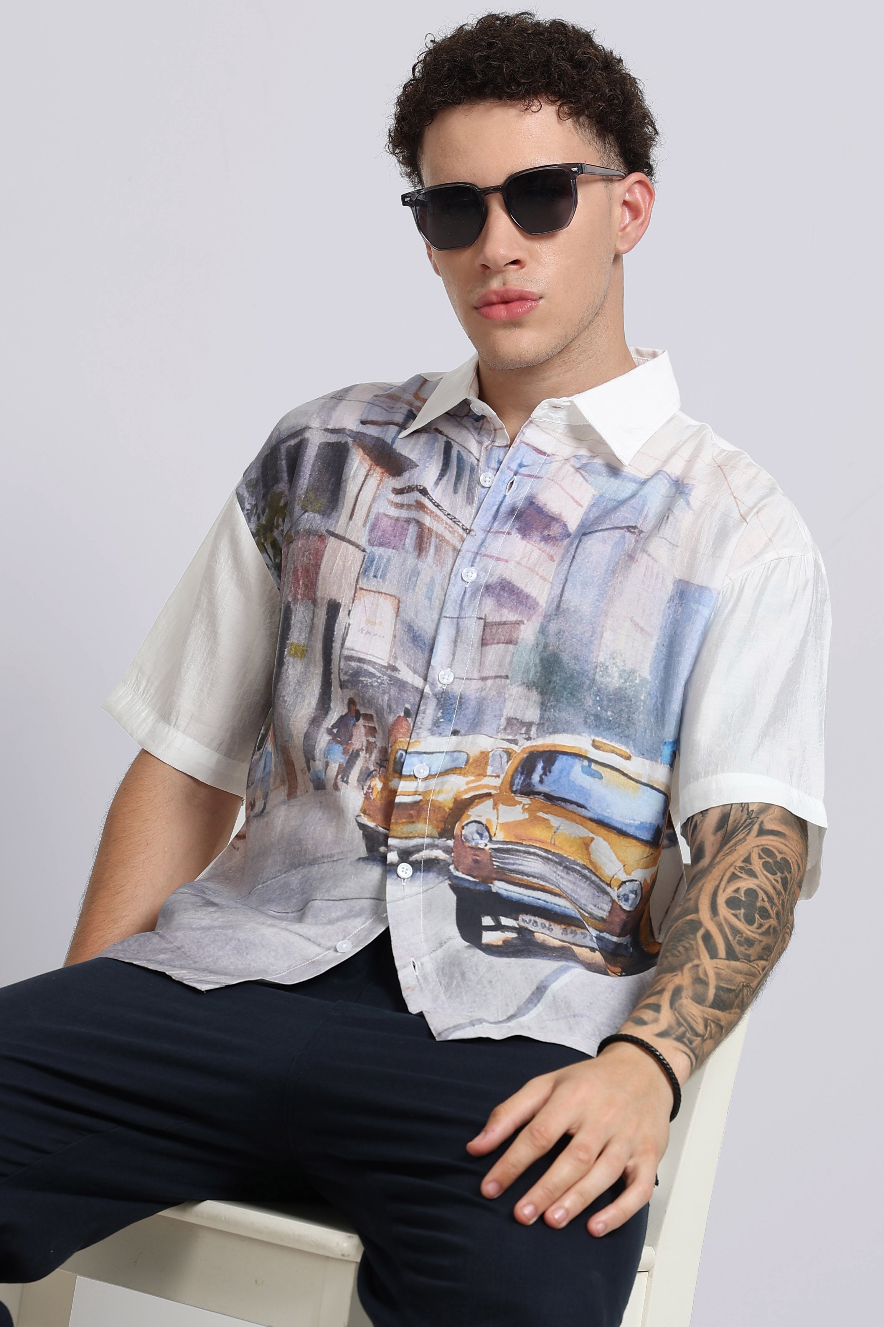 Men Mustard Oversized Print Shirt