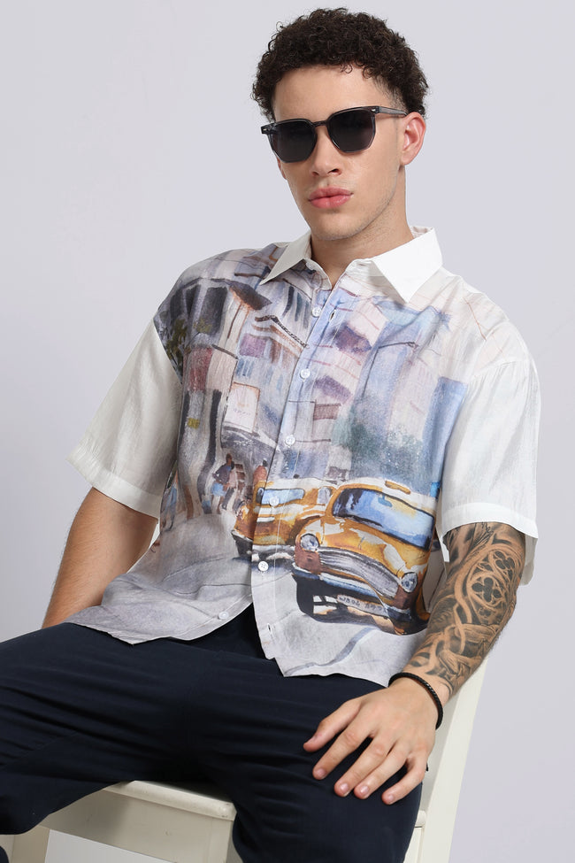 Men Mustard Oversized Print Shirt