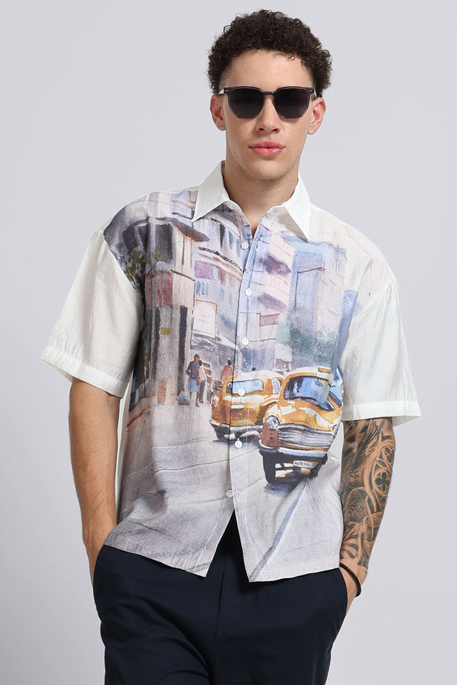 Men Mustard Oversized Print Shirt
