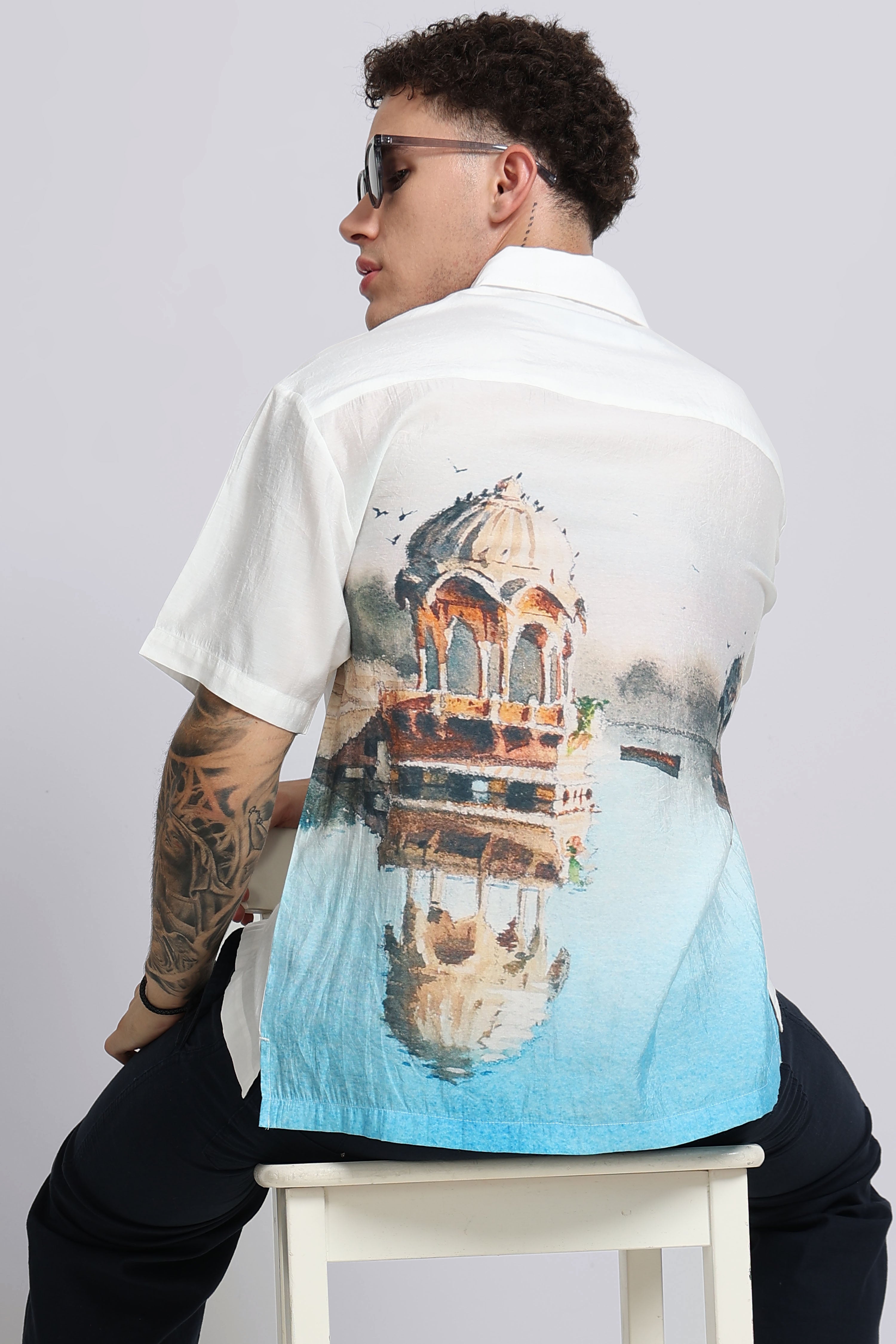 Men Blue Oversized Print Shirt