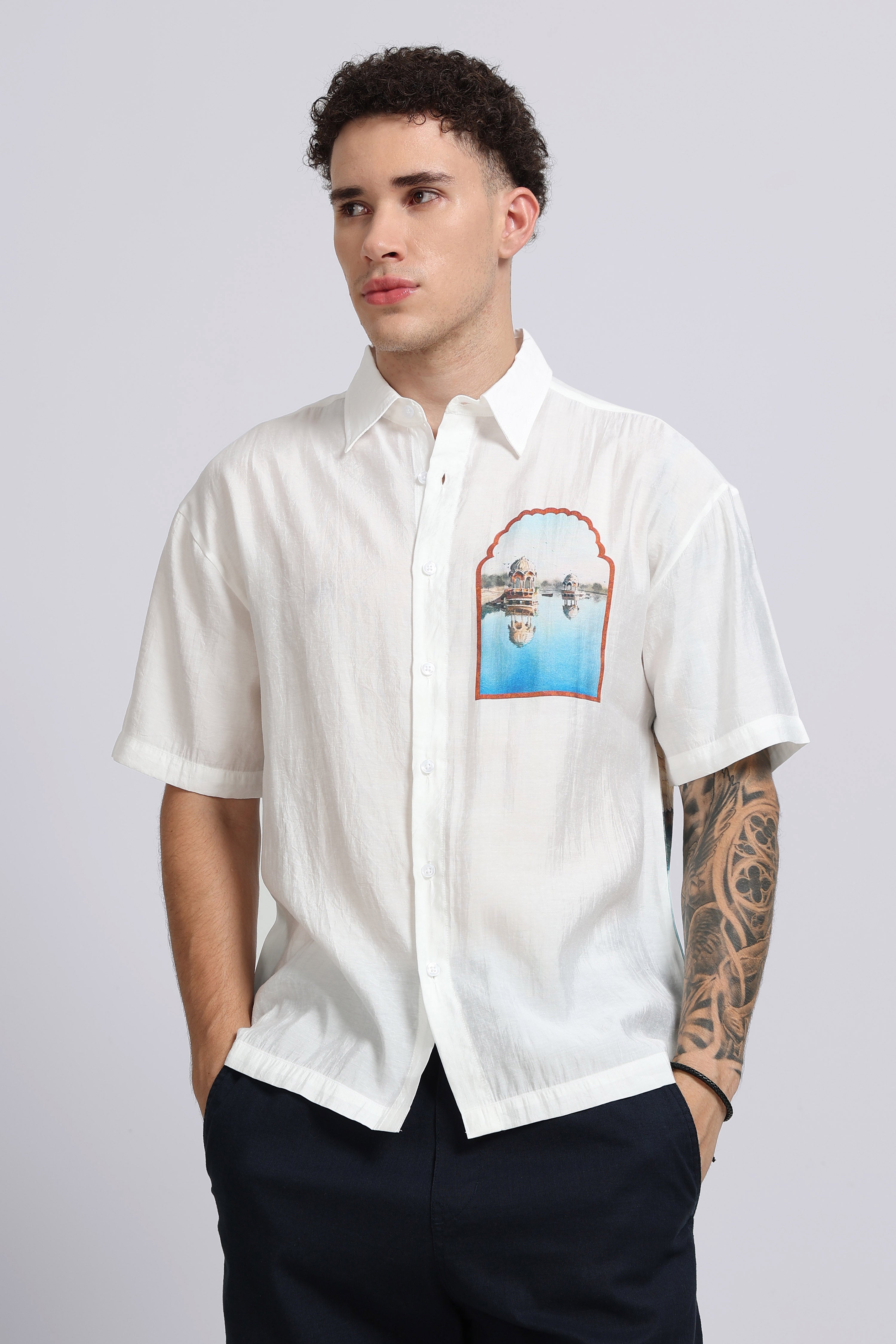 Men Blue Oversized Print Shirt