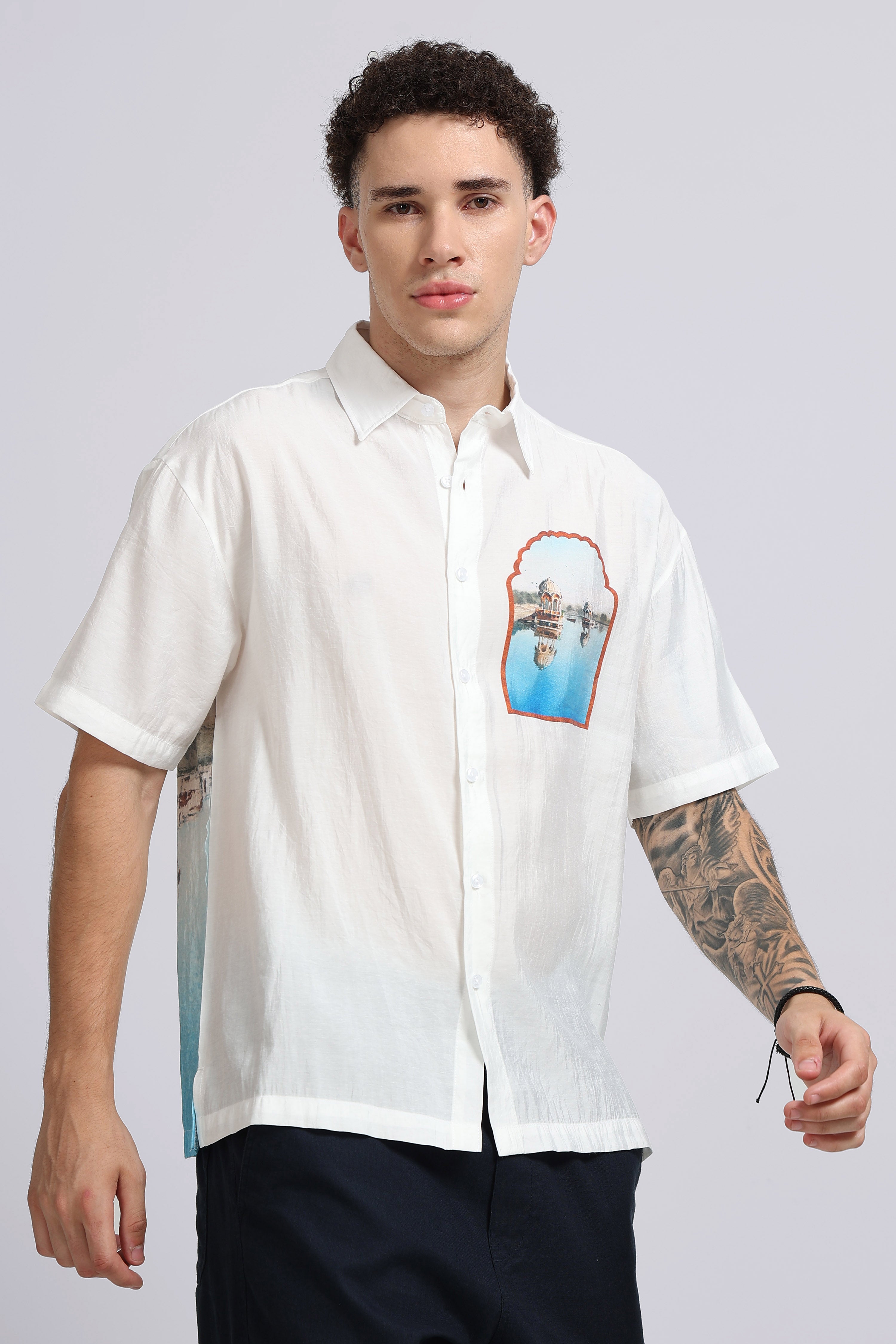 Men Blue Oversized Print Shirt
