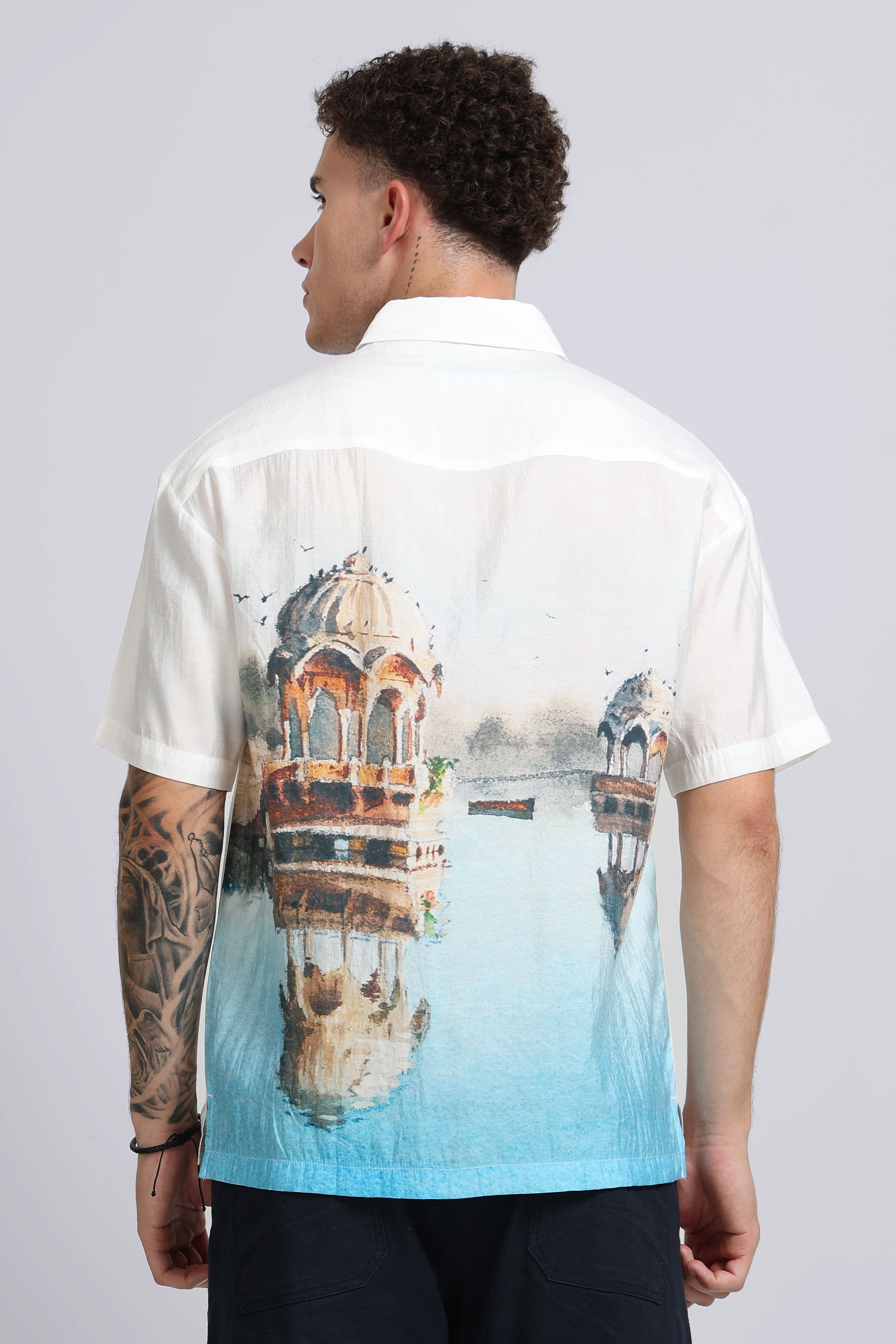Men Blue Oversized Print Shirt