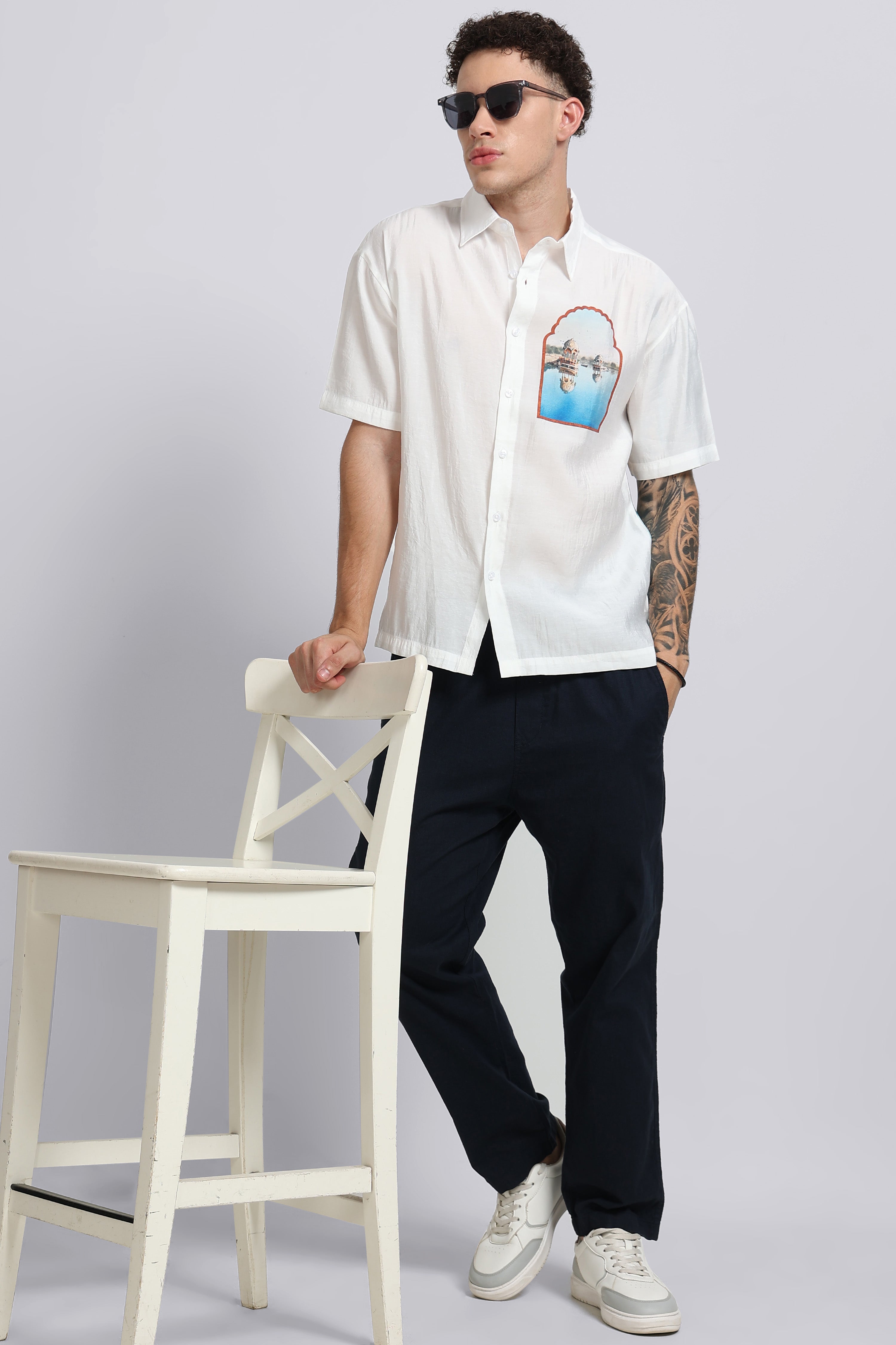 Men Blue Oversized Print Shirt