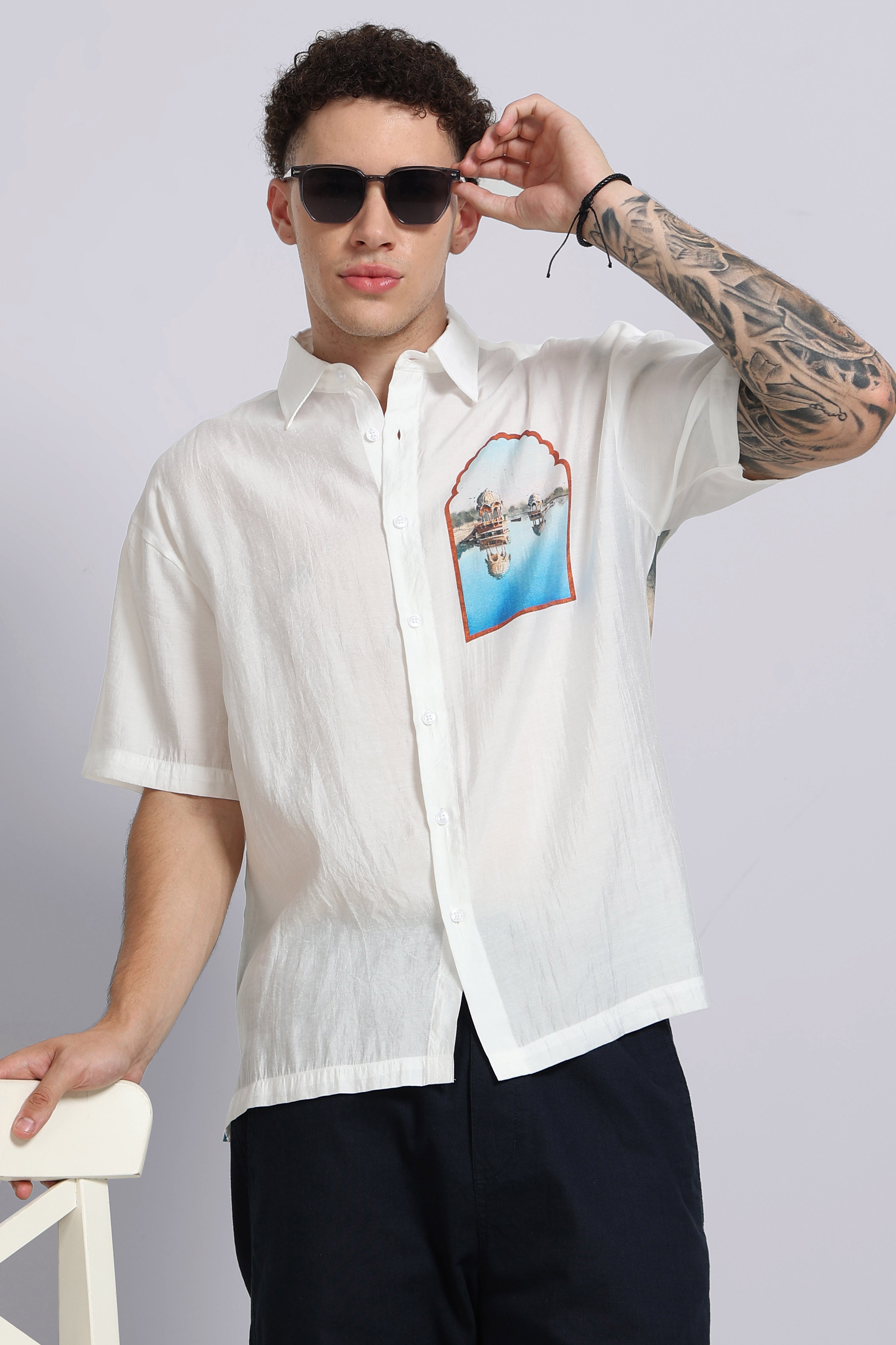 Men Blue Oversized Print Shirt