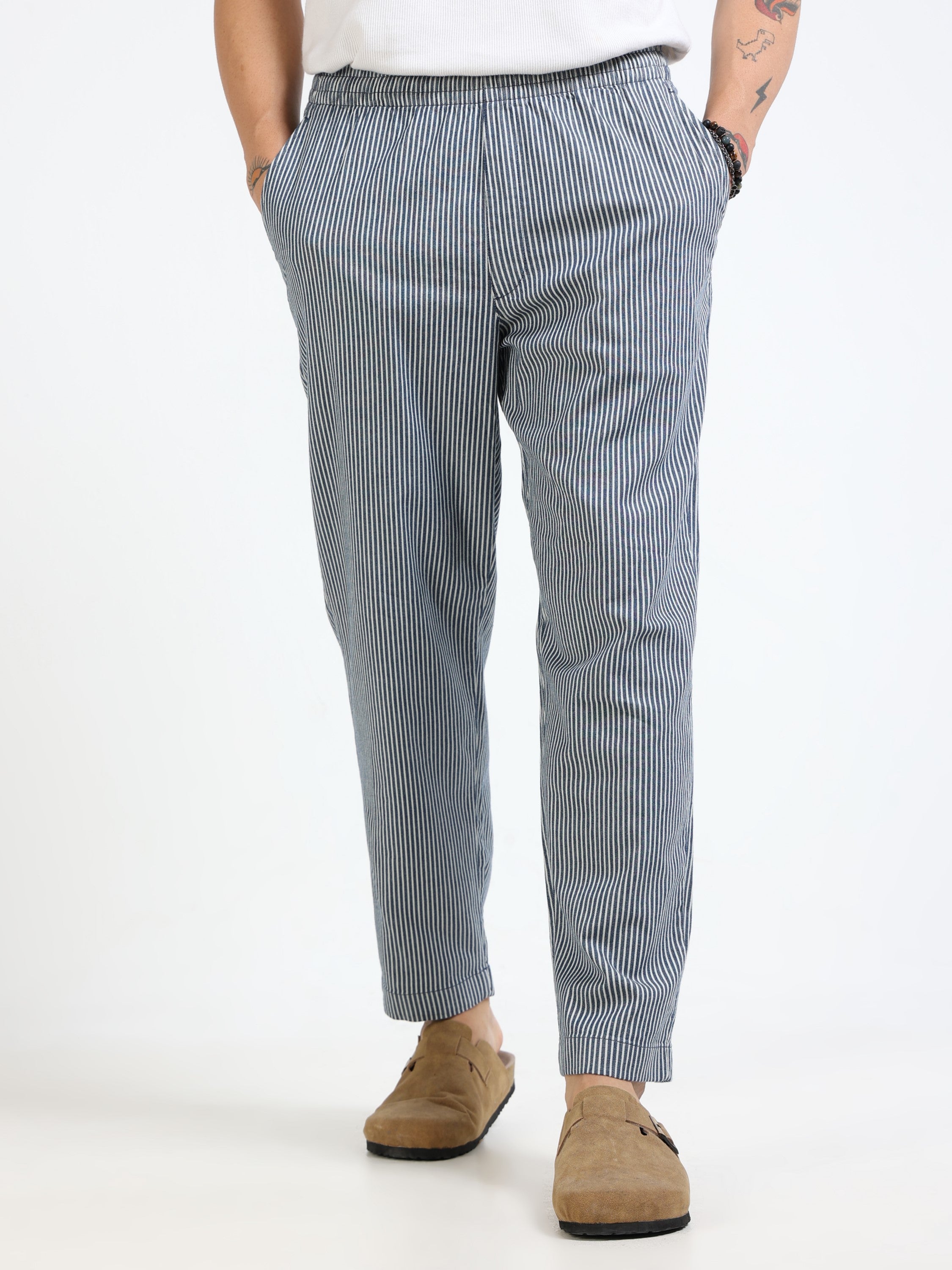 Men Navy Striped Slim Fit Pants