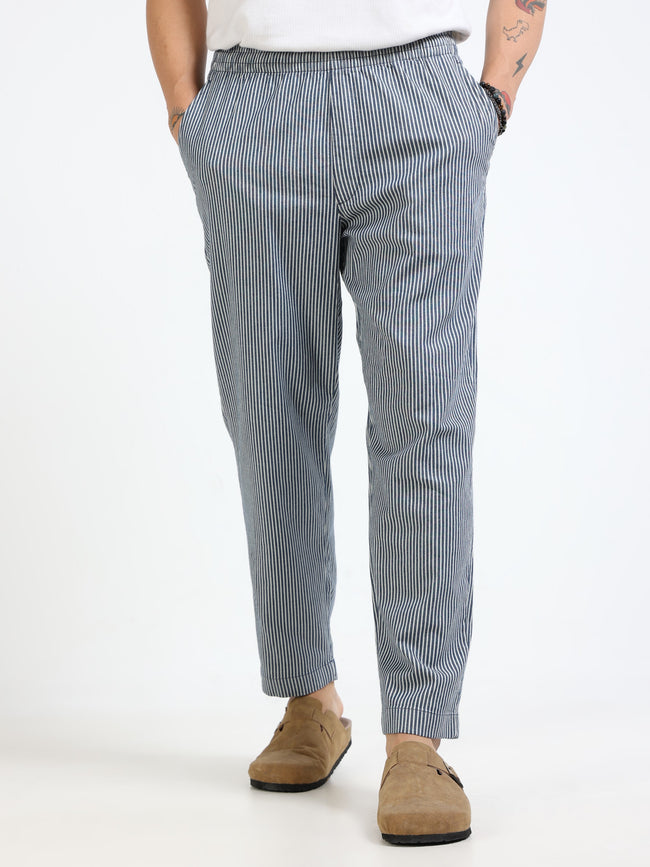 Men Navy Striped Slim Fit Pants