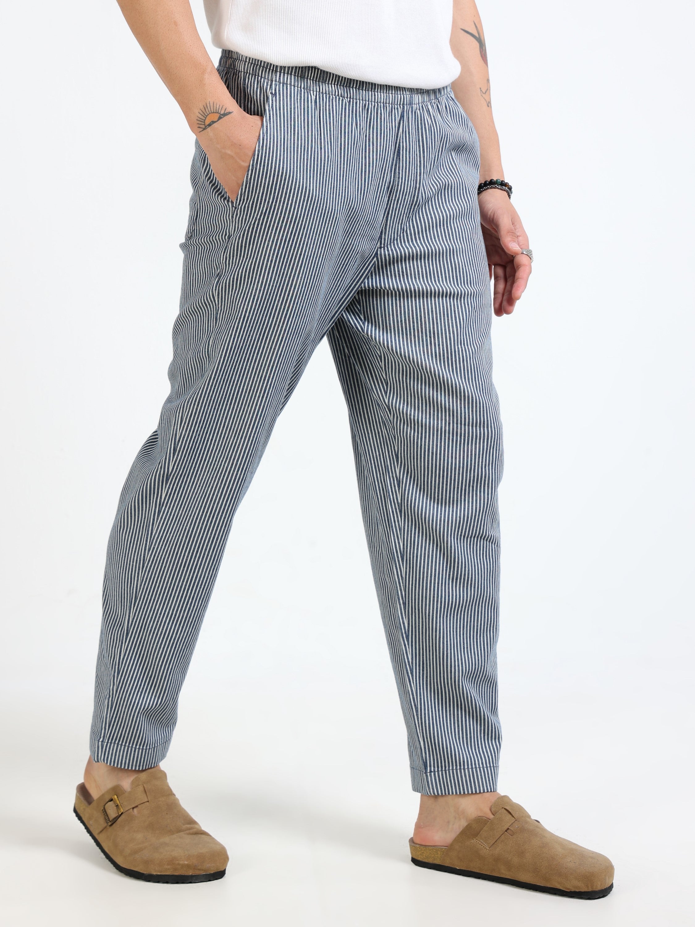 Men Navy Striped Slim Fit Pants