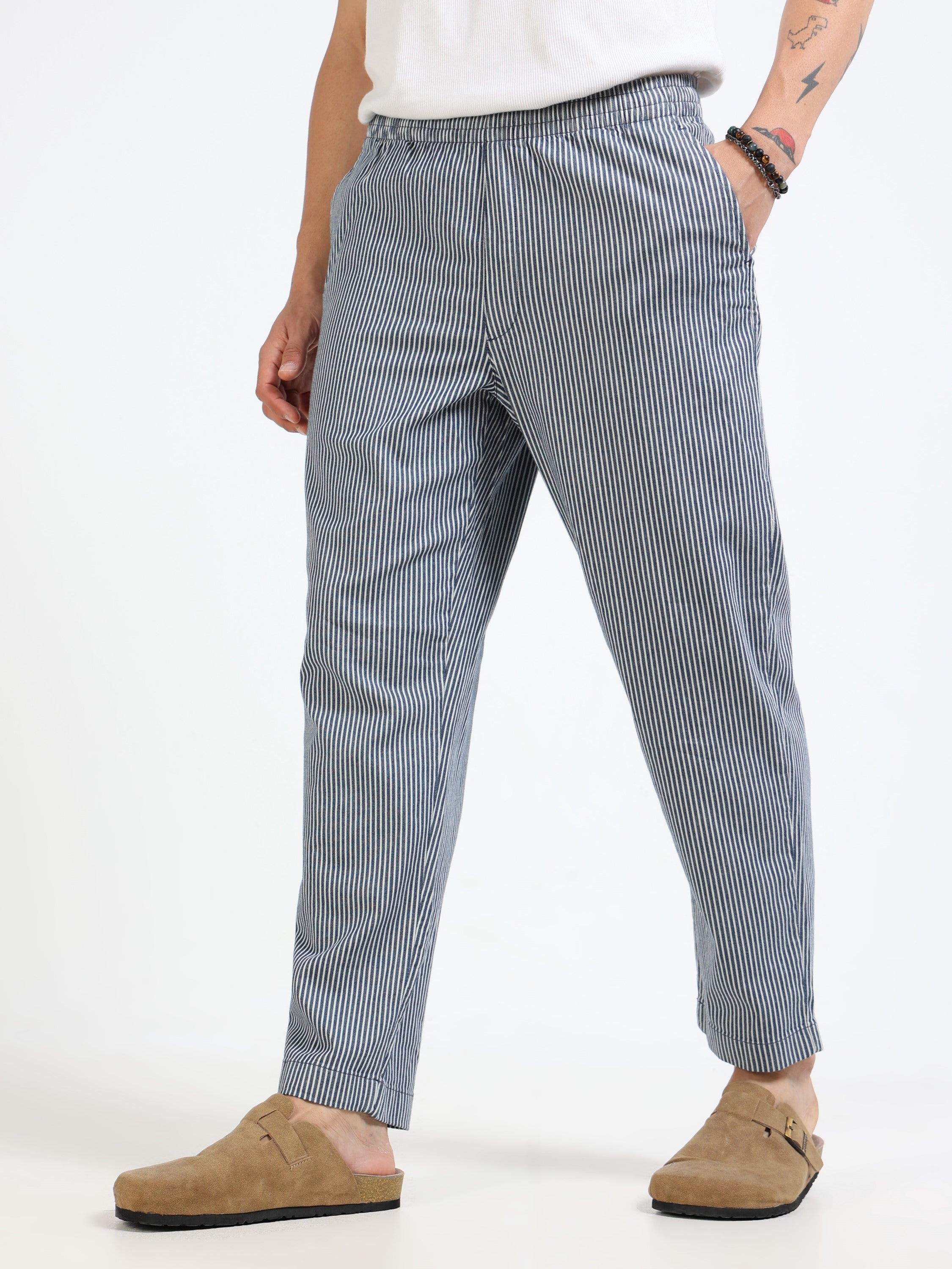 Men Navy Striped Slim Fit Pants