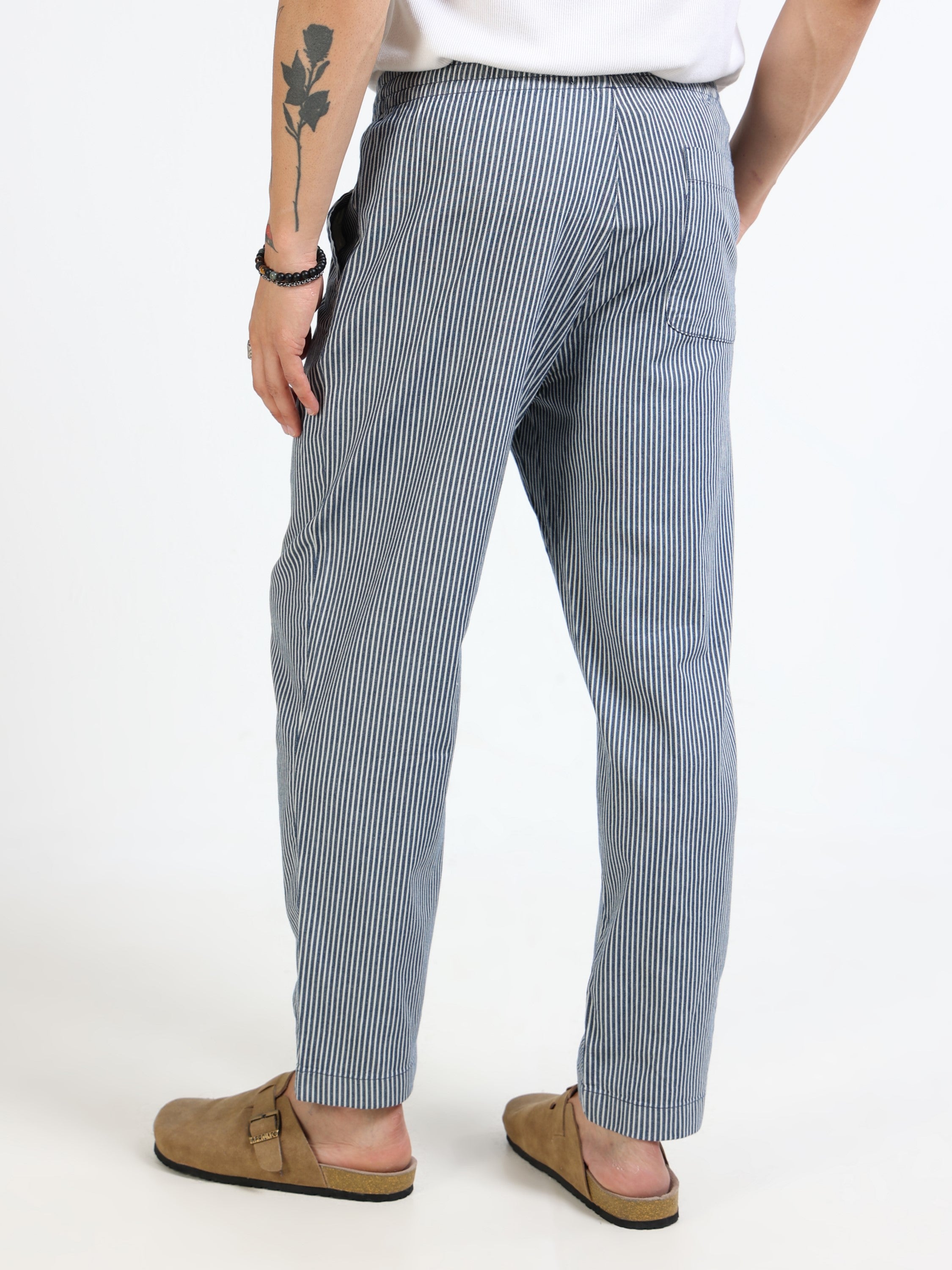 Men Navy Striped Slim Fit Pants