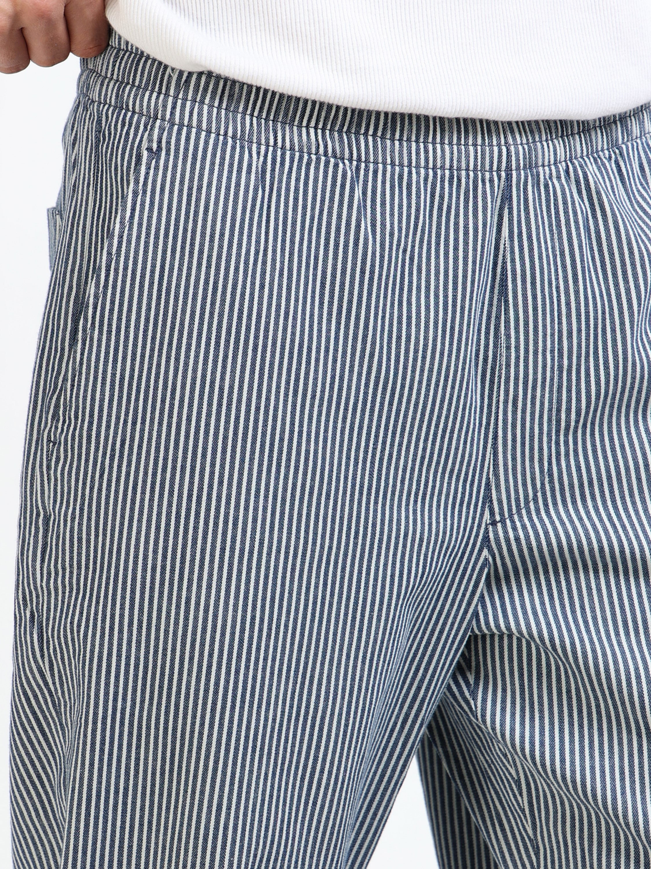 Men Navy Striped Slim Fit Pants