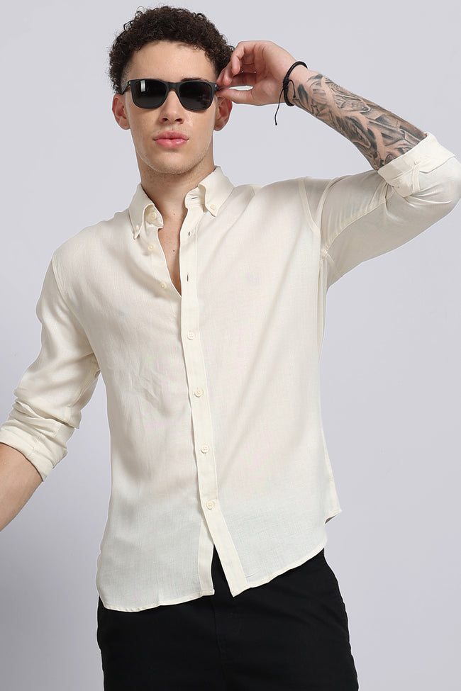 Men Off White Viscose Linen Shirt