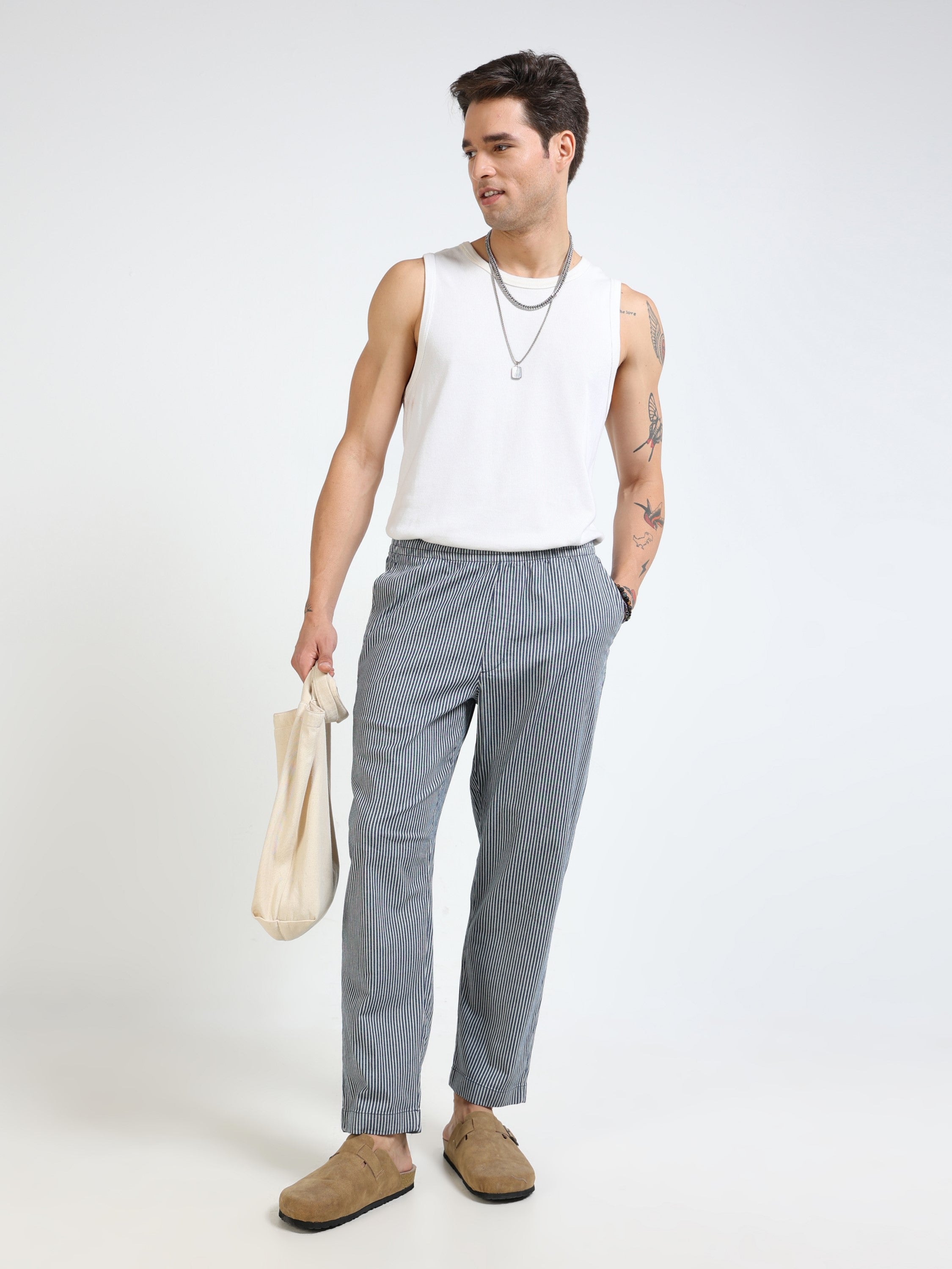 Men Navy Striped Slim Fit Pants