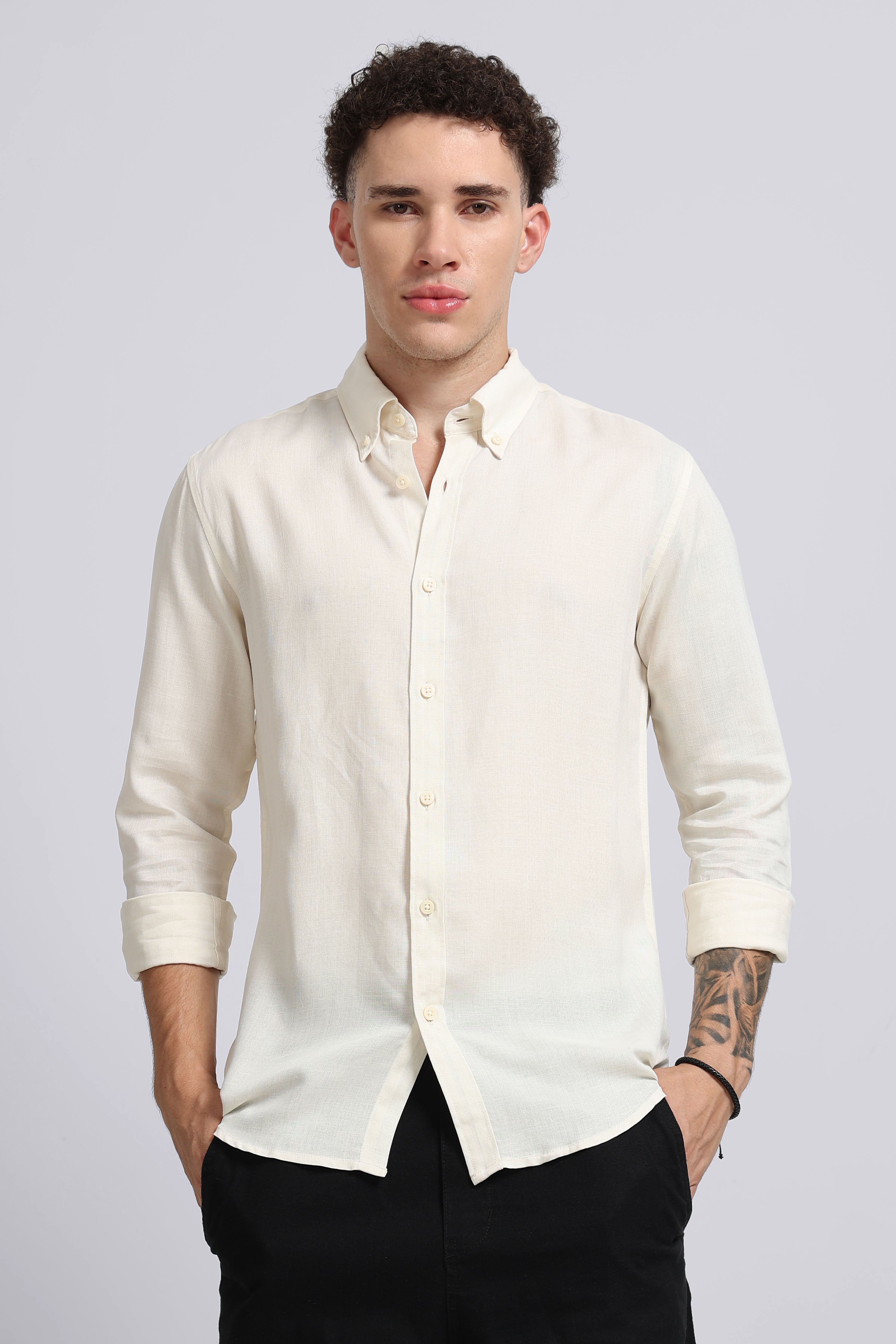 Men Off White Viscose Linen Shirt