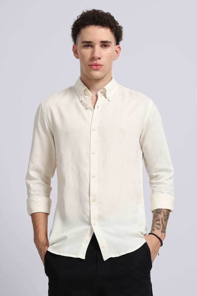 Men Off White Viscose Linen Shirt