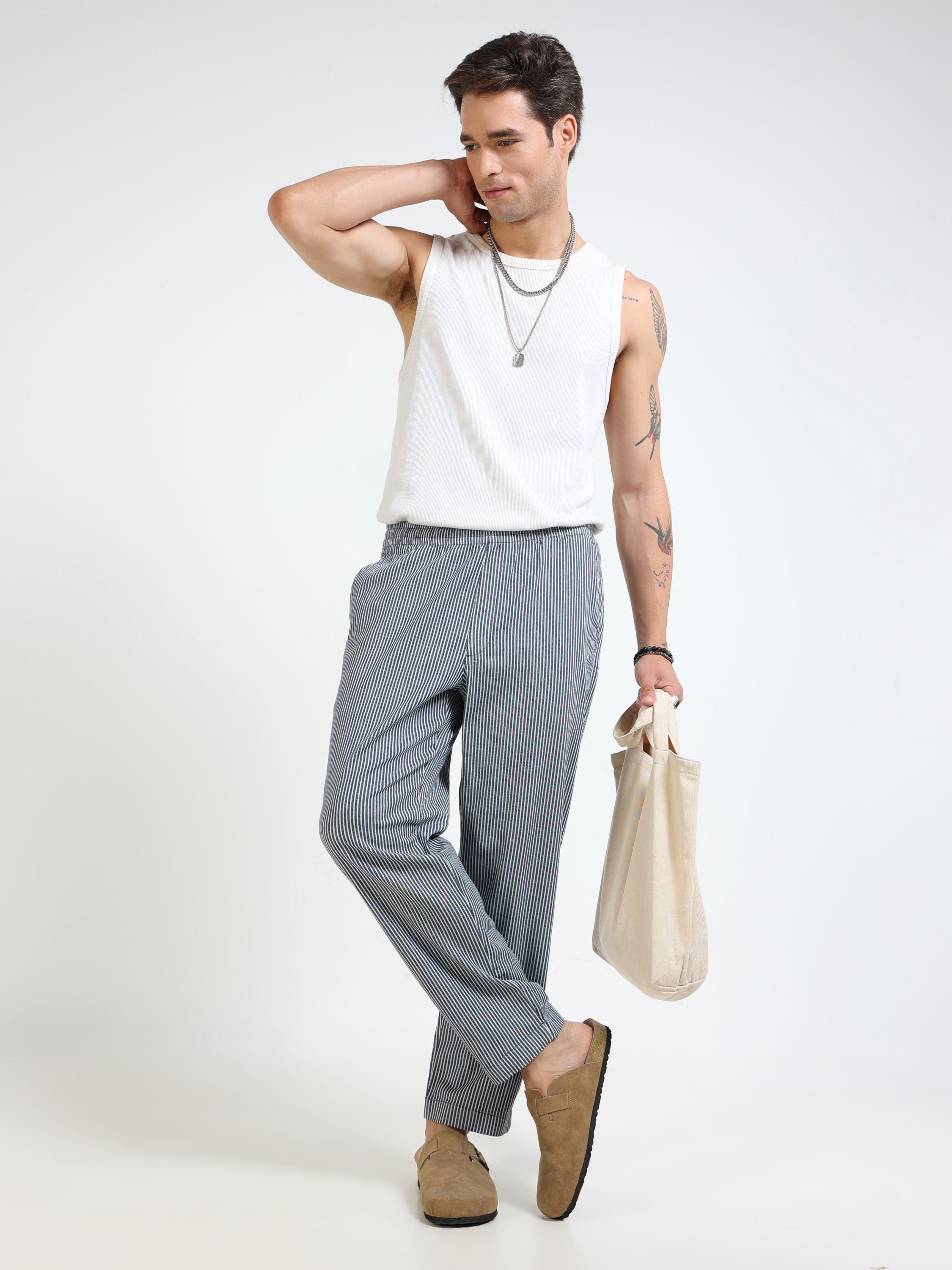 Men Navy Striped Slim Fit Pants