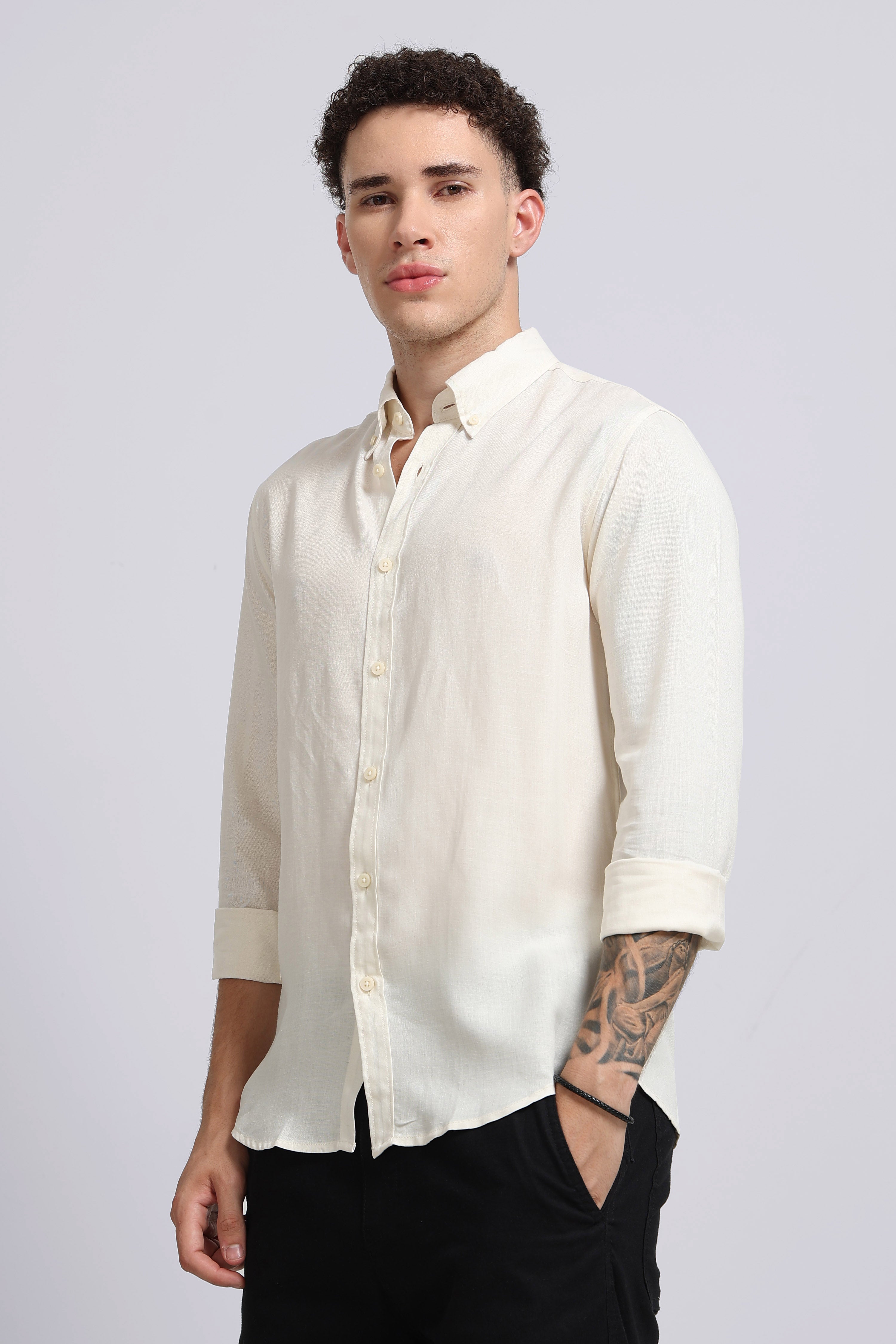 Men Off White Viscose Linen Shirt