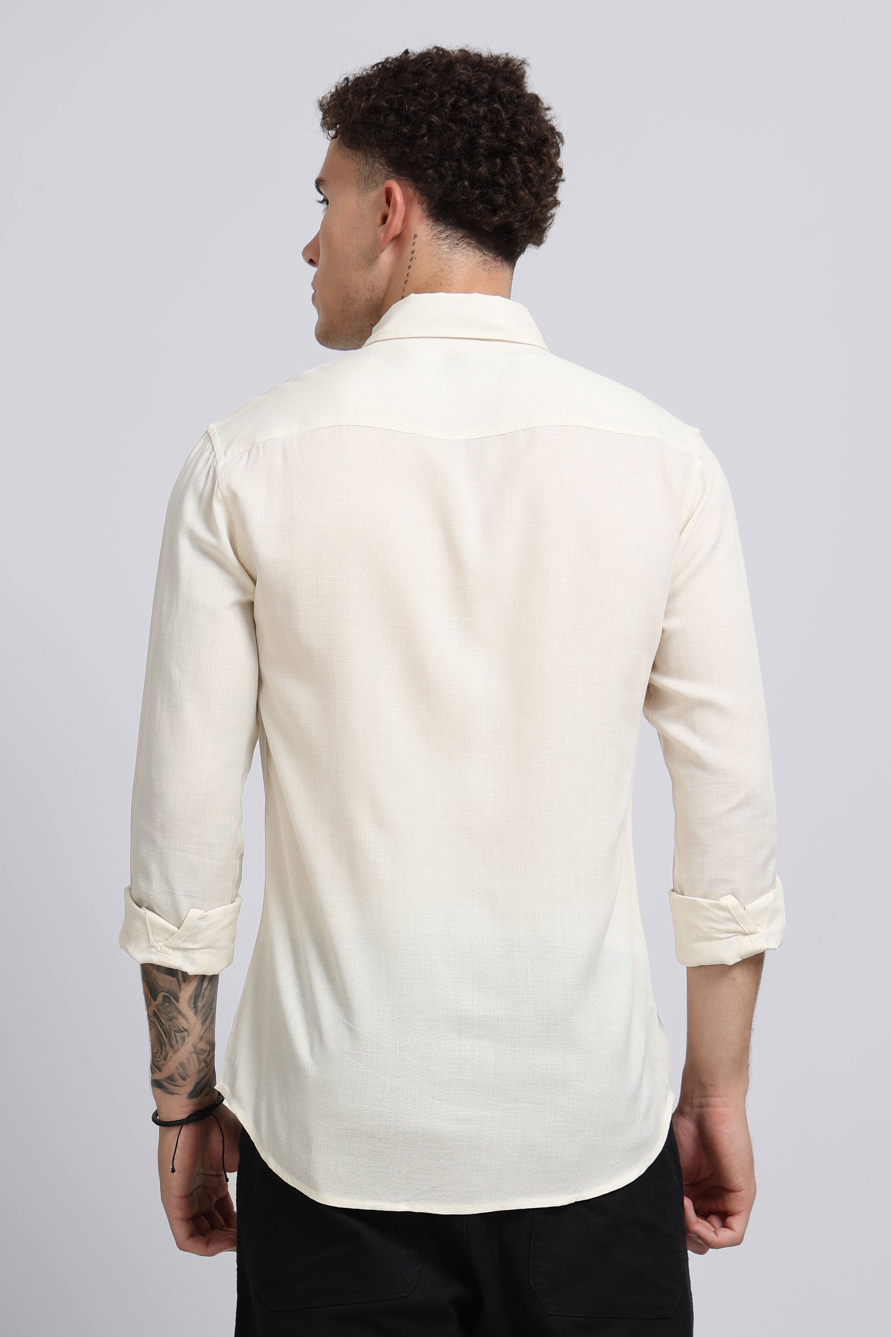 Men Off White Viscose Linen Shirt