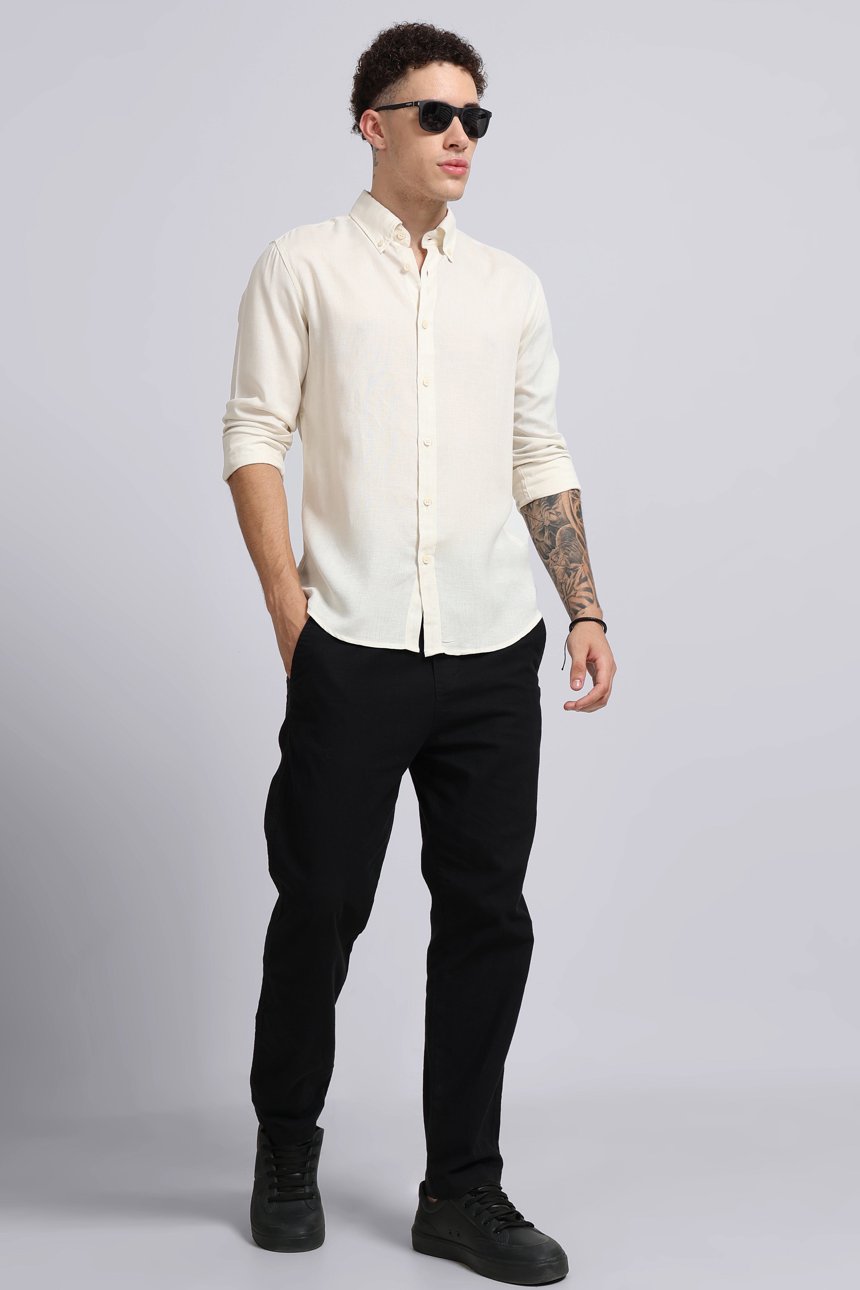 Men Off White Viscose Linen Shirt