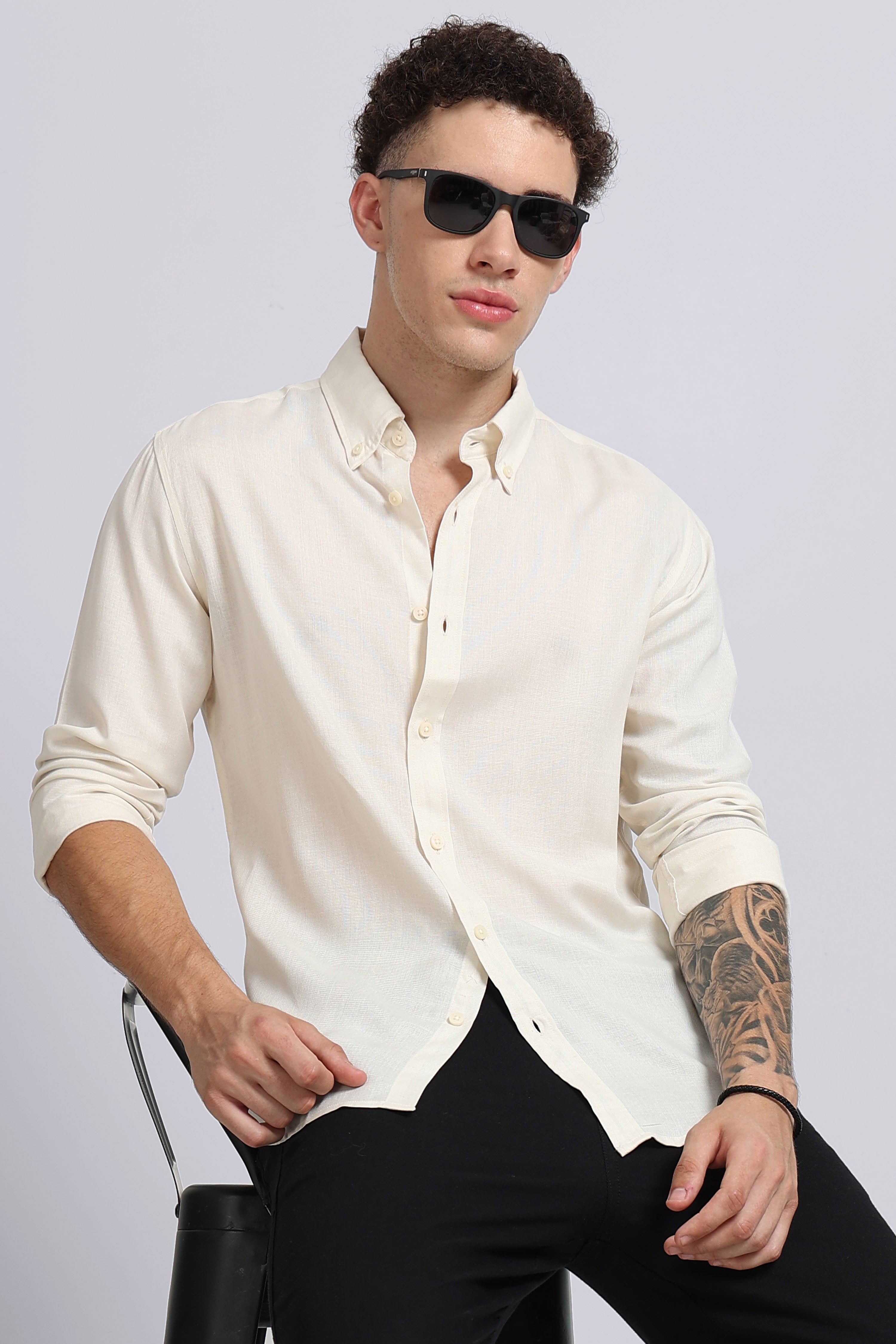Men Off White Viscose Linen Shirt