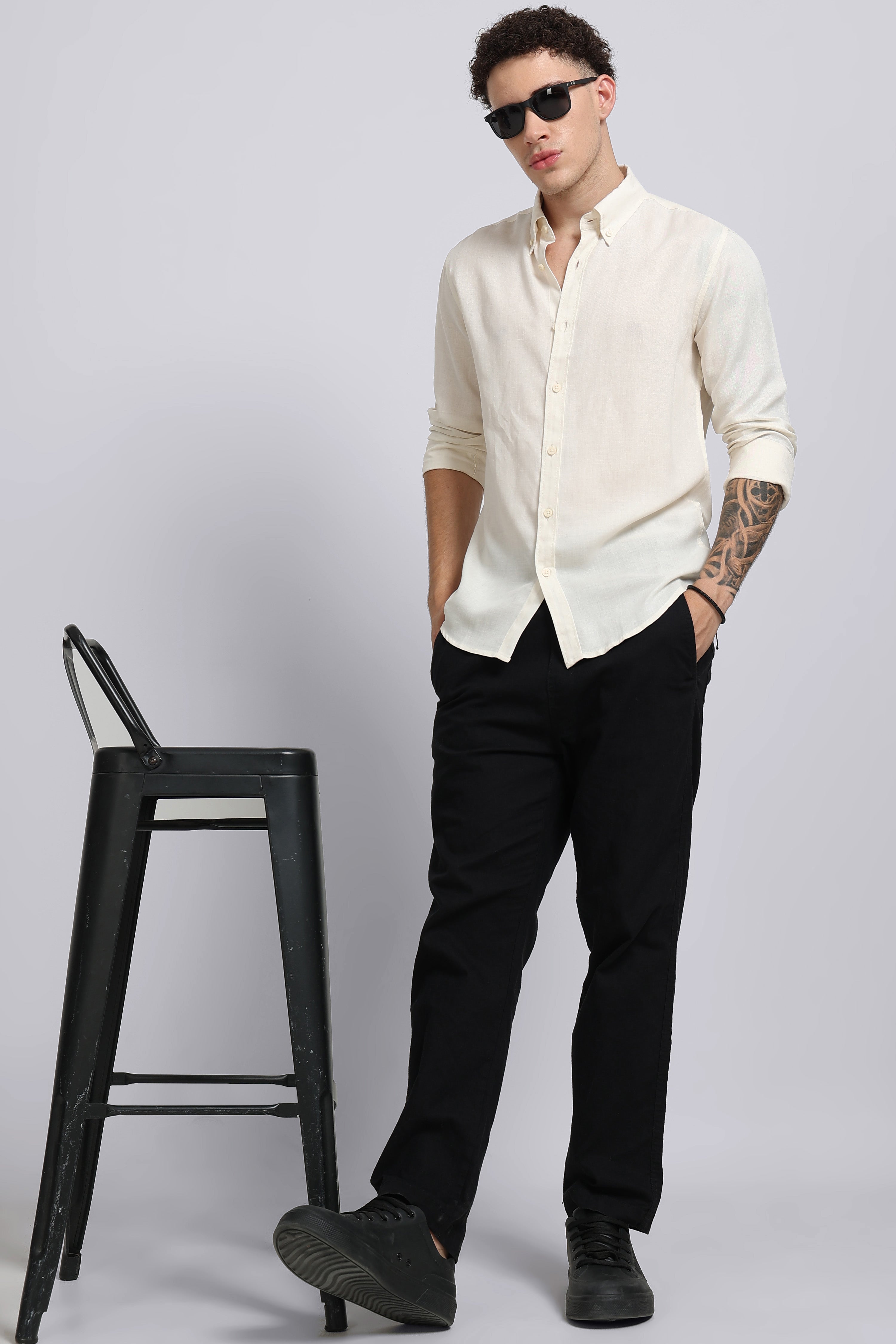 Men Off White Viscose Linen Shirt