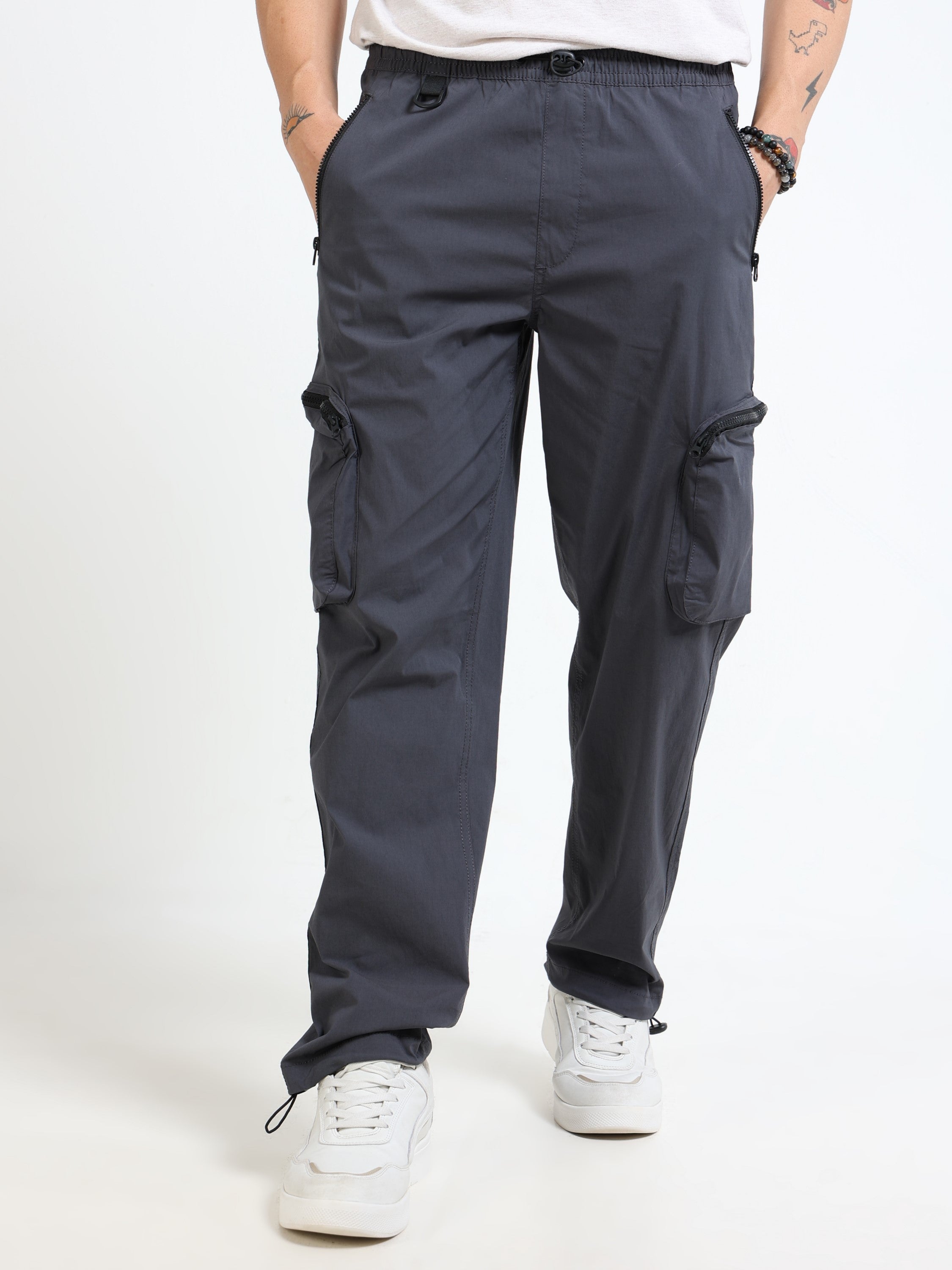 Men Grey Parachute Baggy Cargo Pants