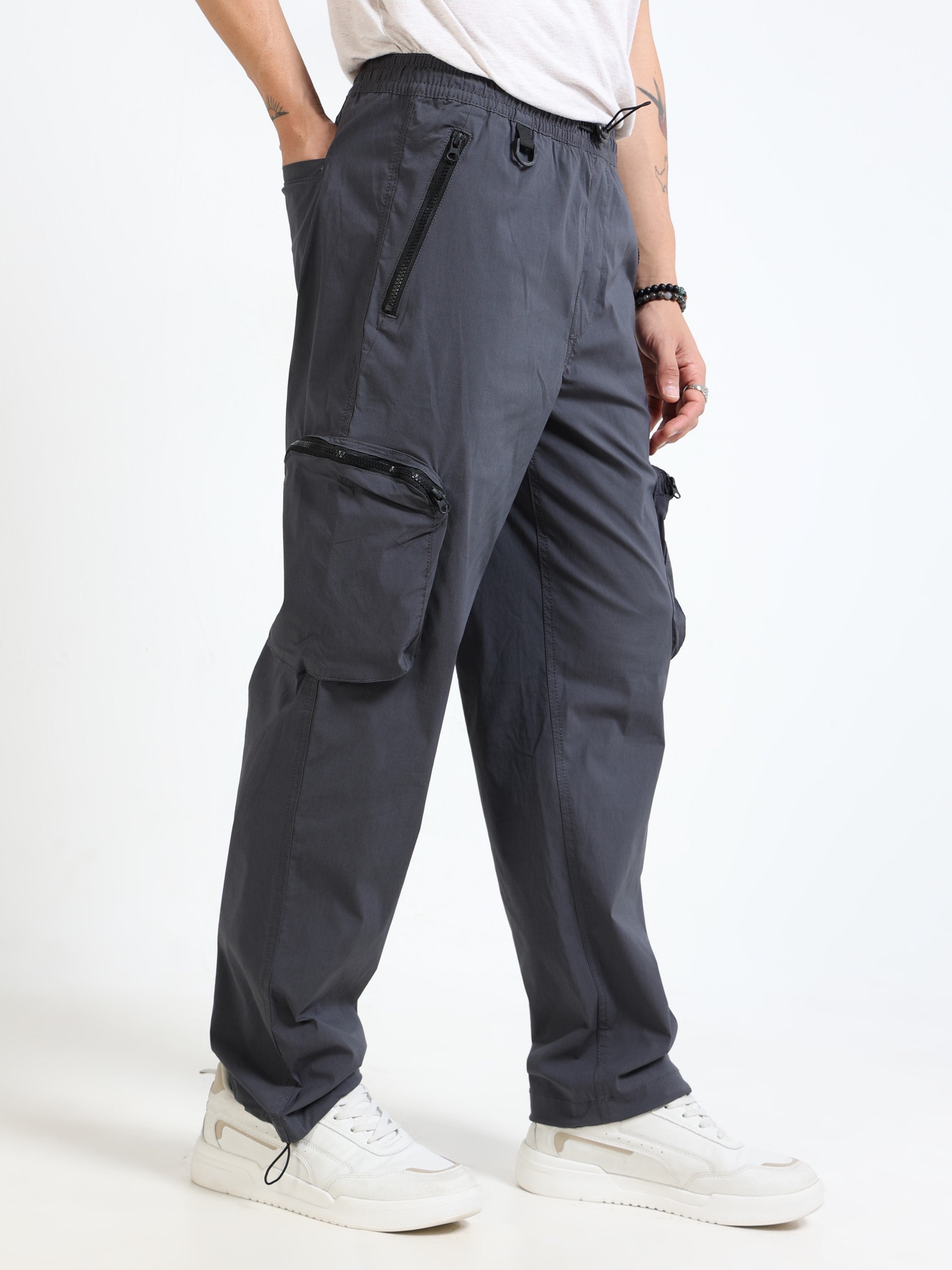 Men Grey Parachute Baggy Cargo Pants