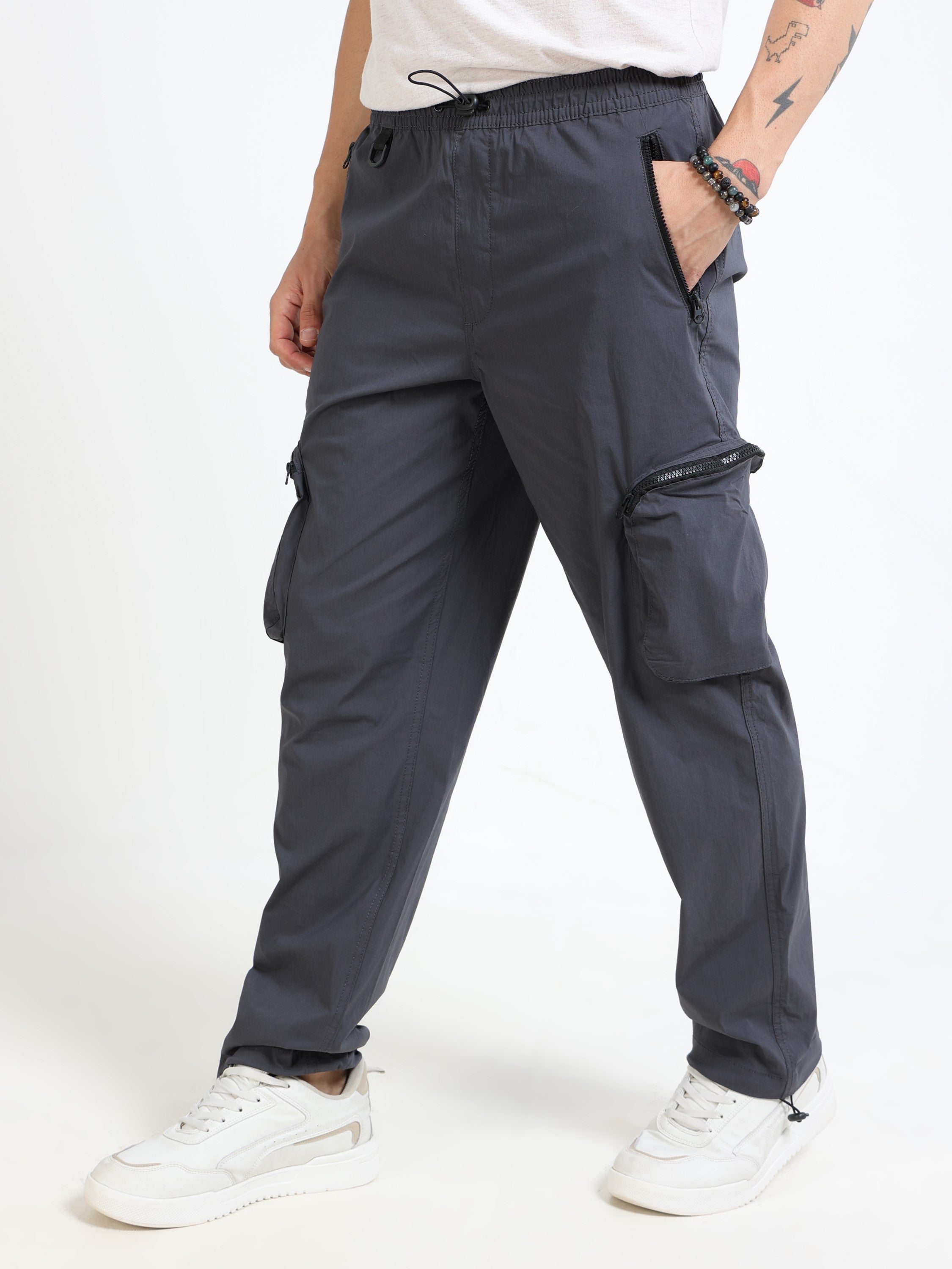 Men Grey Parachute Baggy Cargo Pants