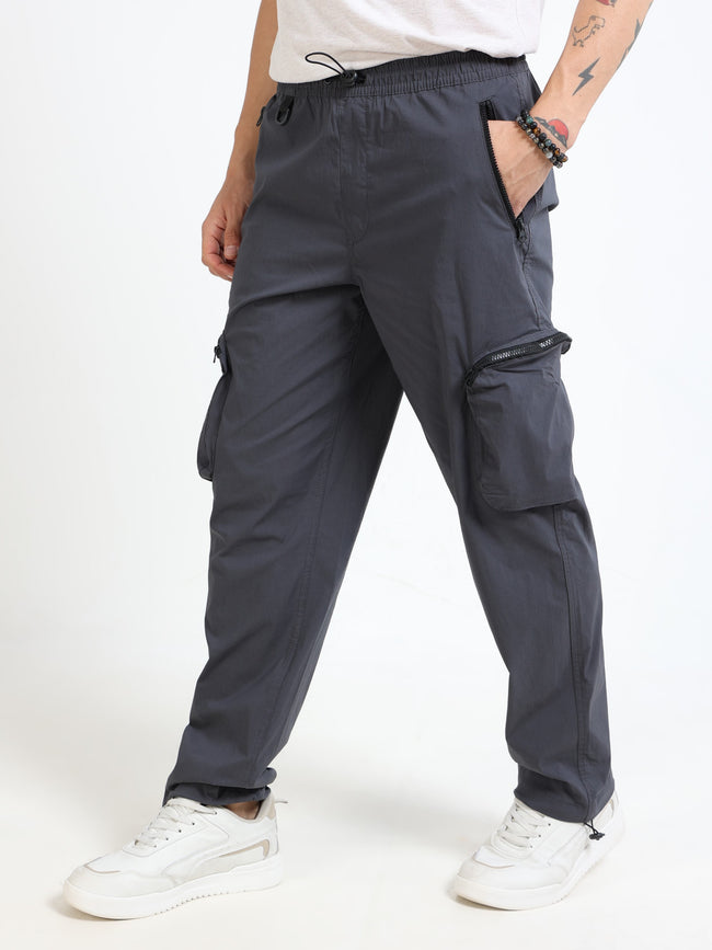 Men Grey Parachute Baggy Cargo Pants