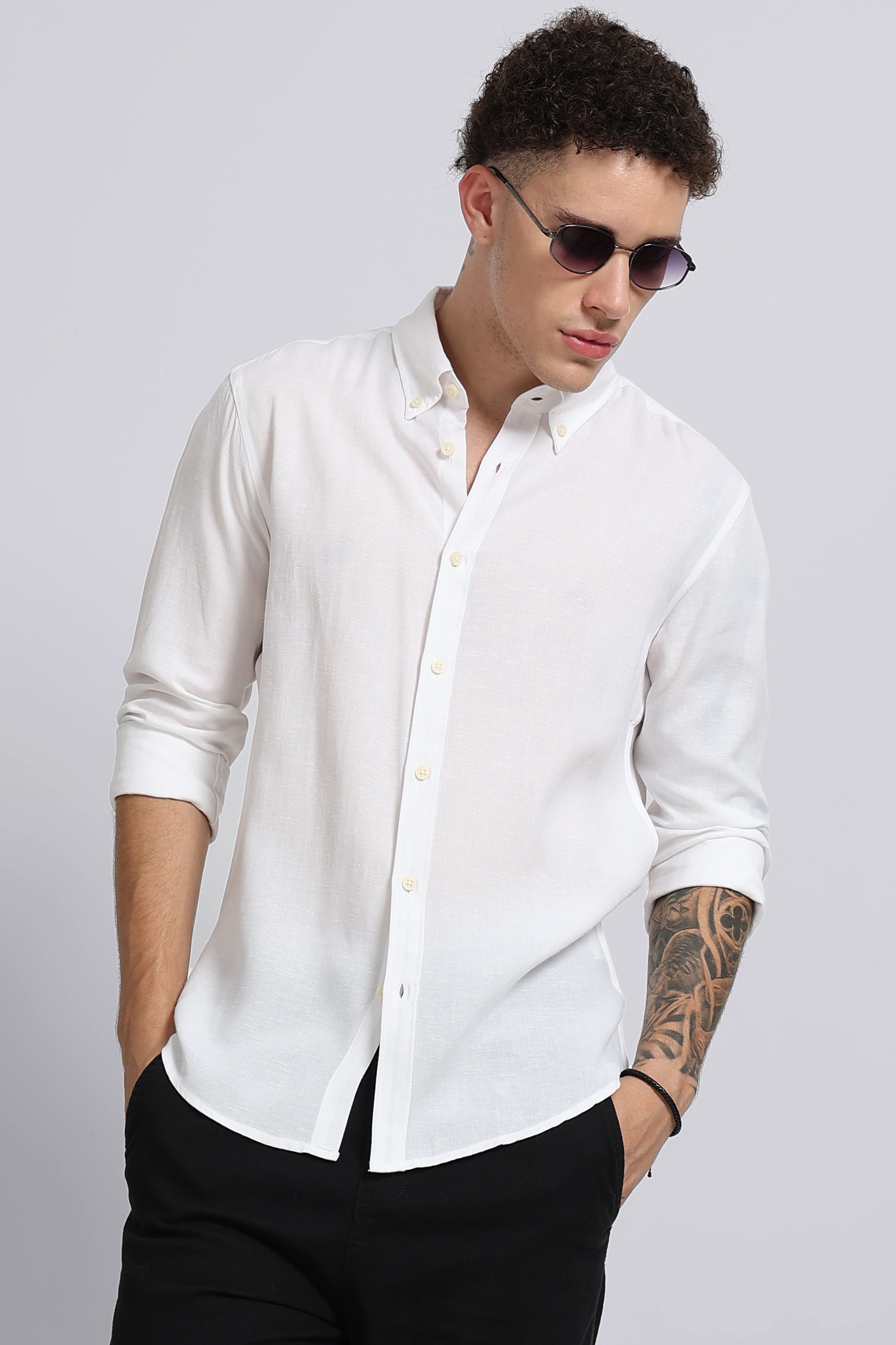 Men White Viscose Linen Shirt