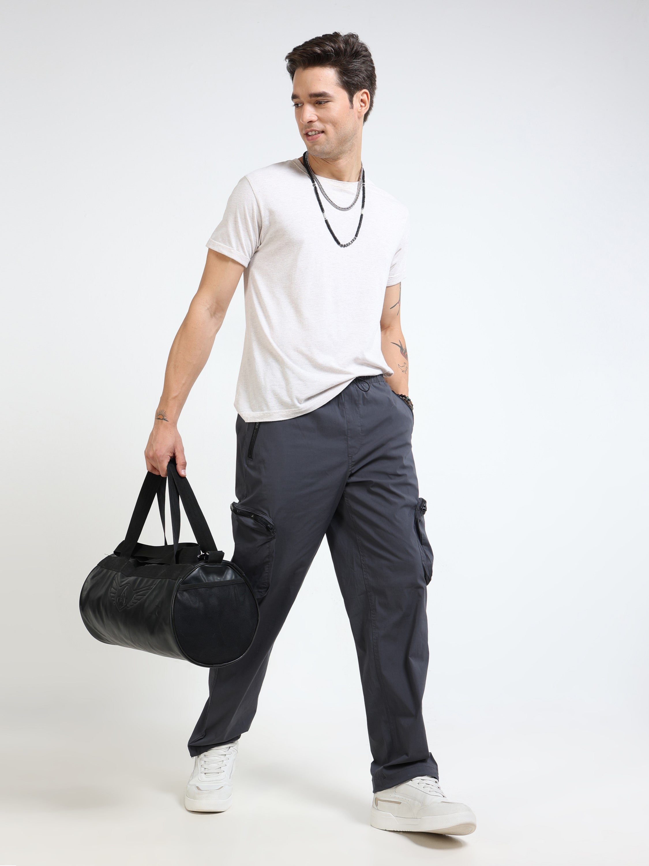 Men Grey Parachute Baggy Cargo Pants