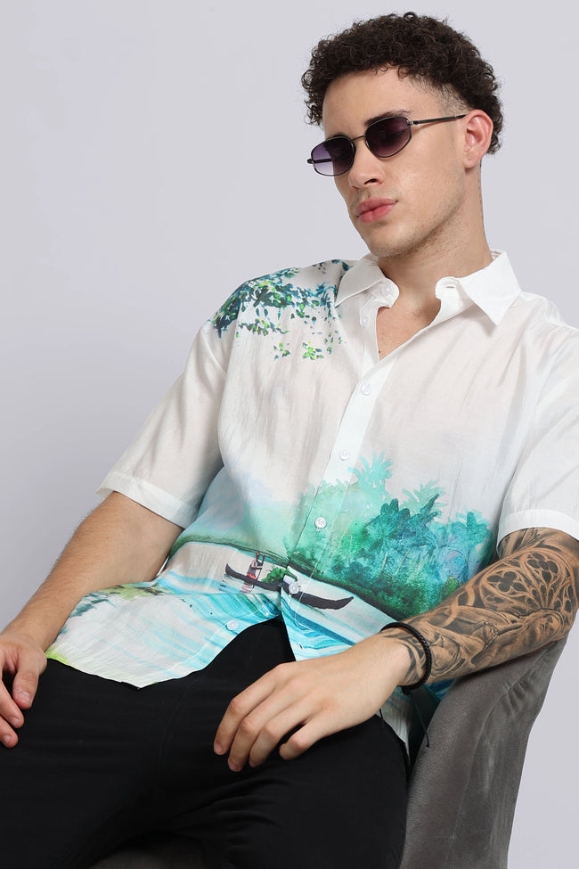 Men Green Oversized Print Shirt