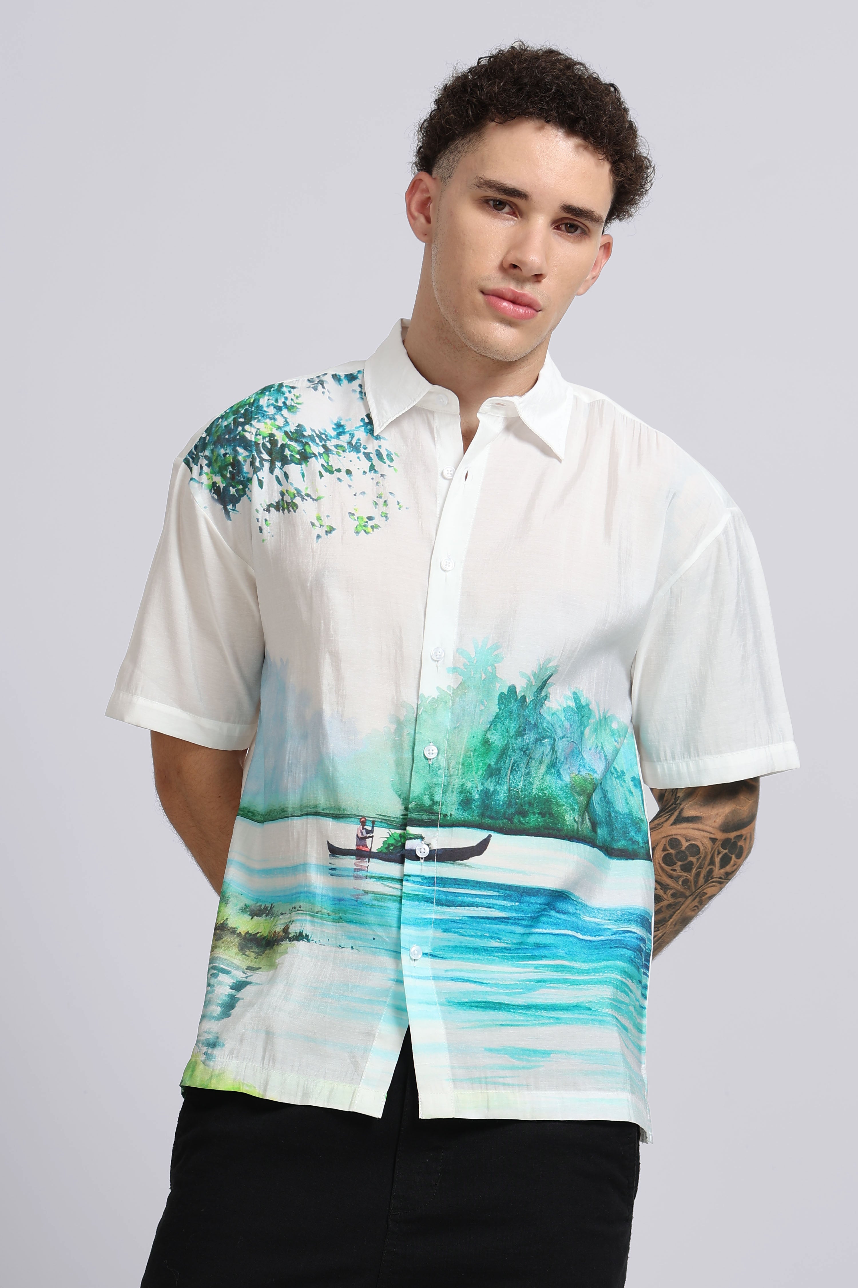 Men Green Oversized Print Shirt