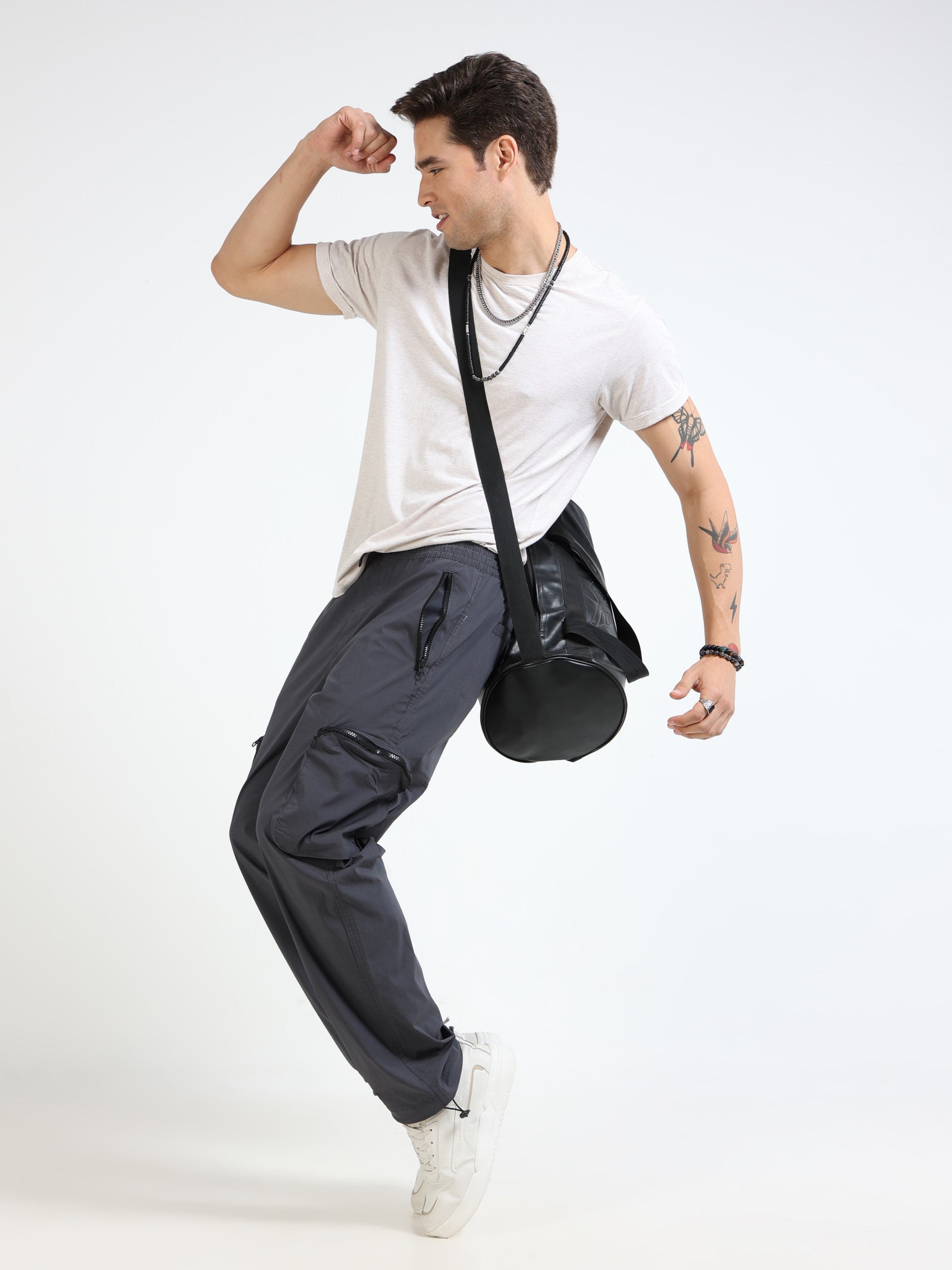 Men Grey Parachute Baggy Cargo Pants