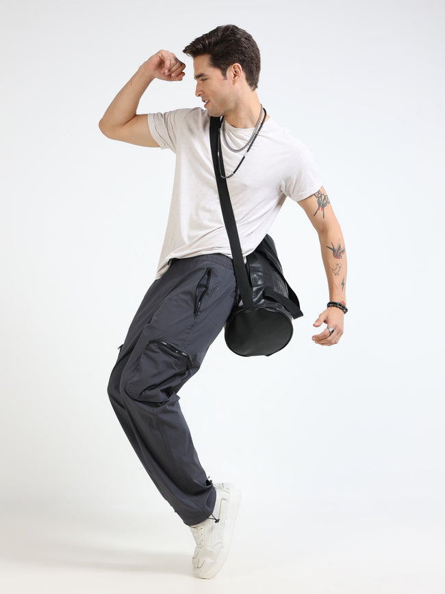 Men Grey Parachute Baggy Cargo Pants