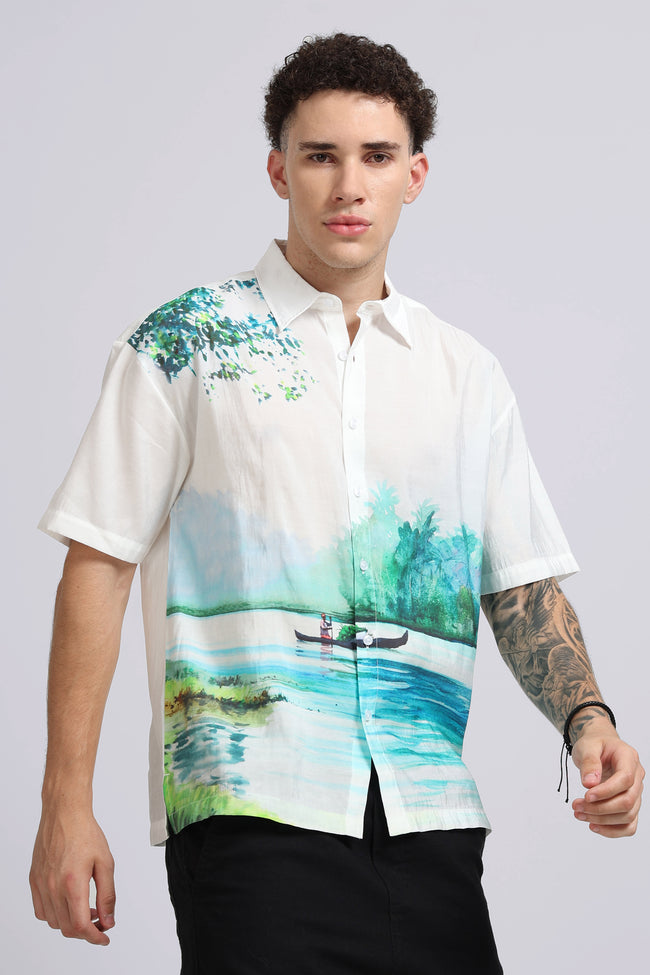 Men Green Oversized Print Shirt