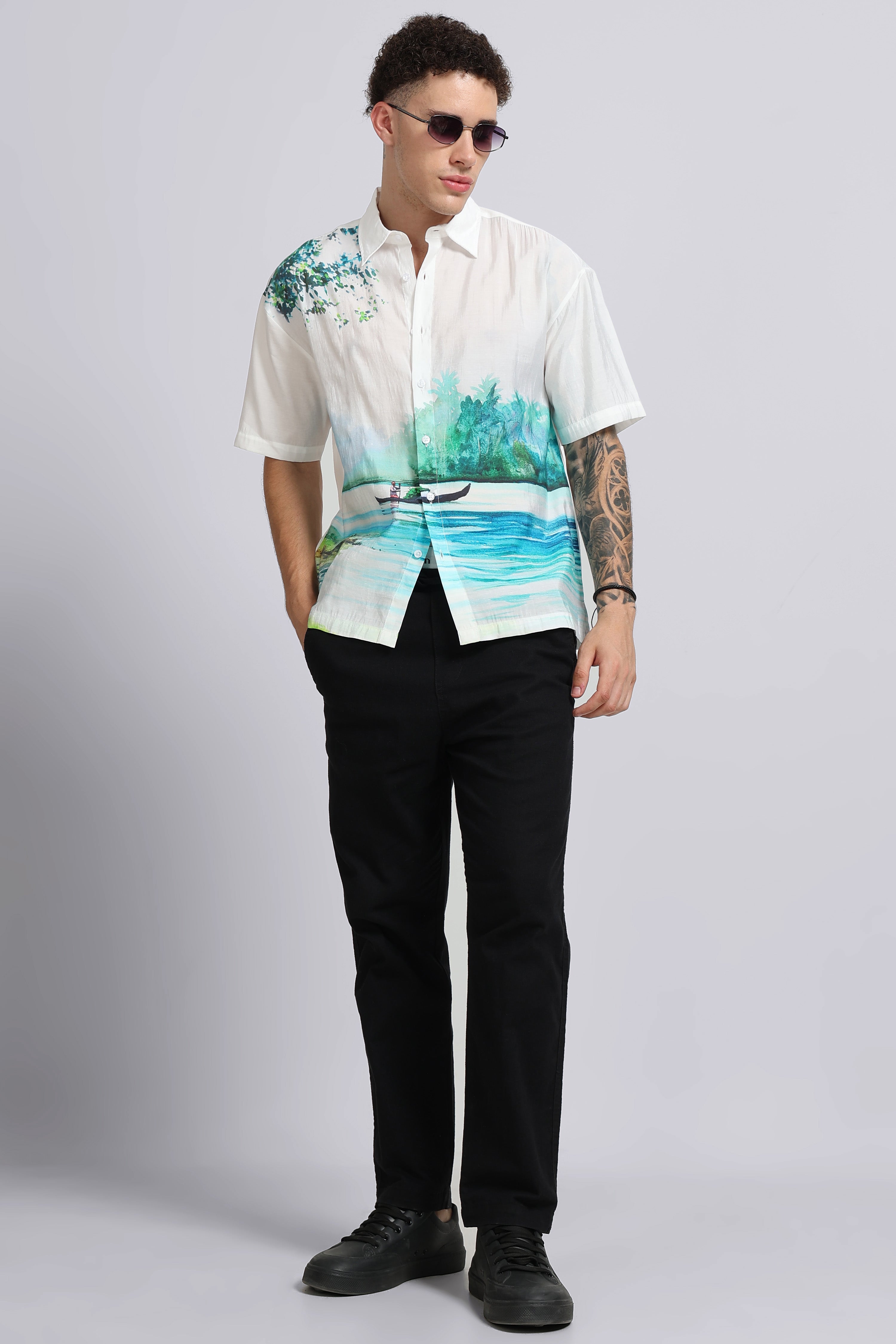 Men Green Oversized Print Shirt