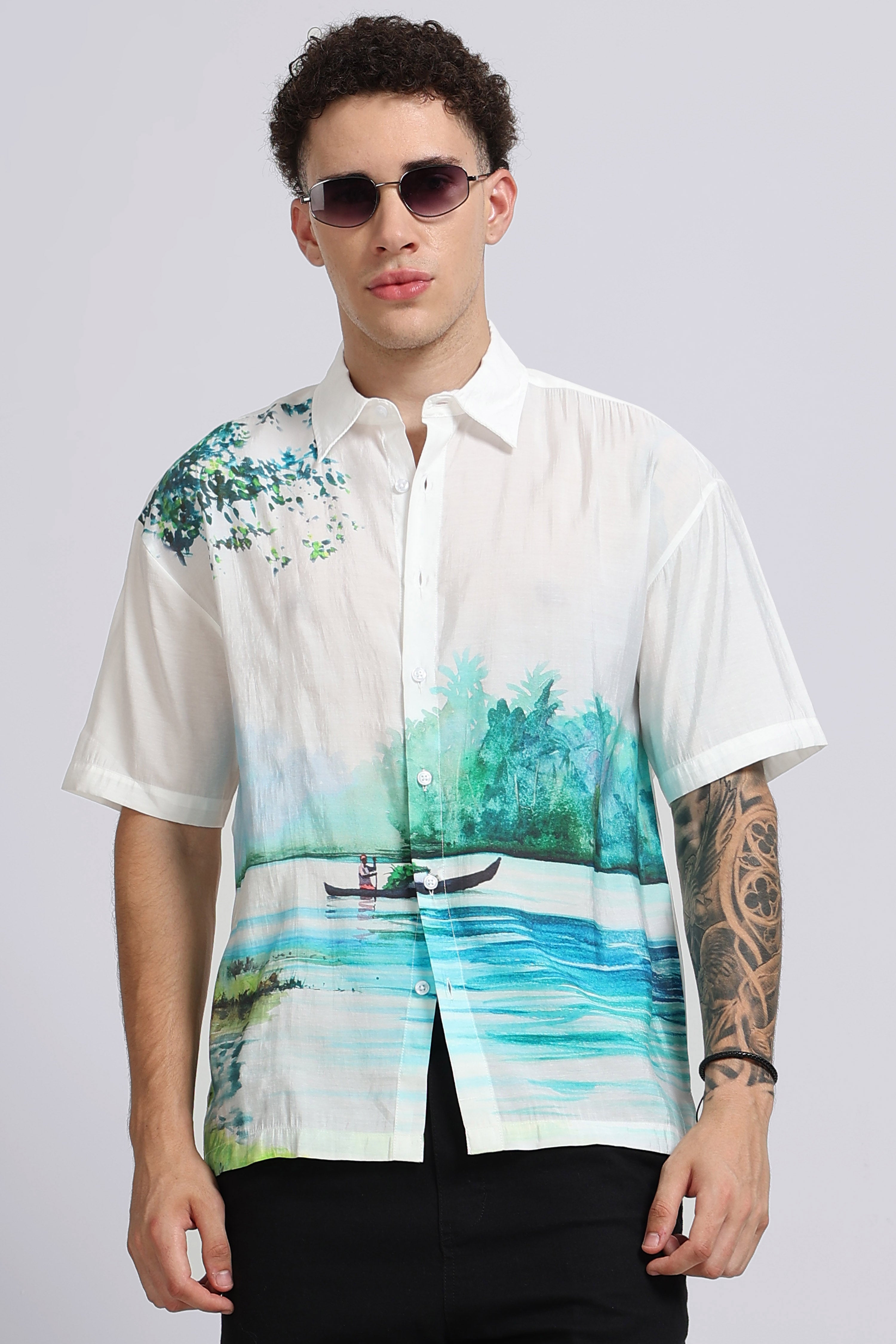 Men Green Oversized Print Shirt