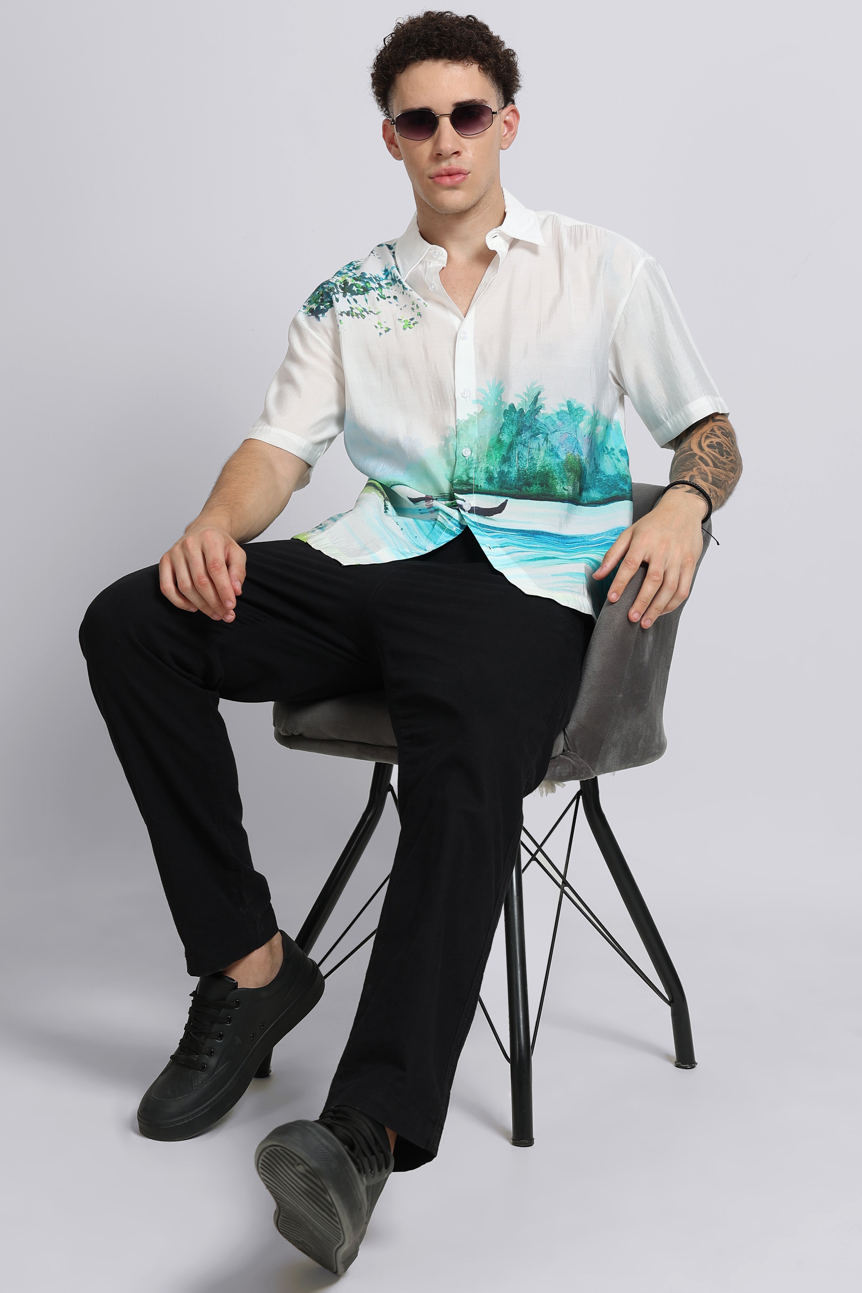 Men Green Oversized Print Shirt