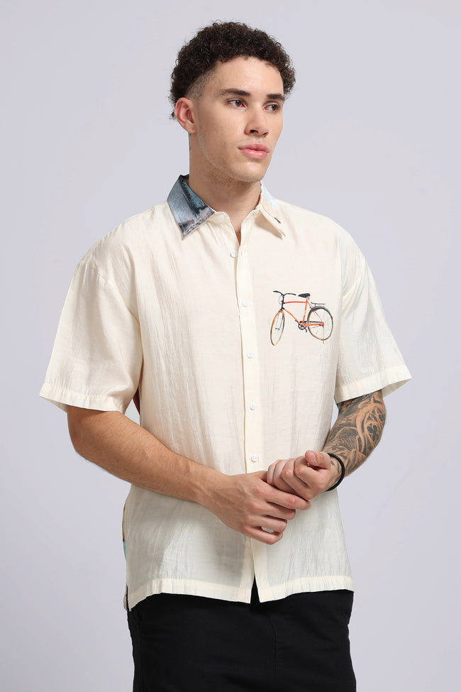 Men Cream Oversized Print Shirt