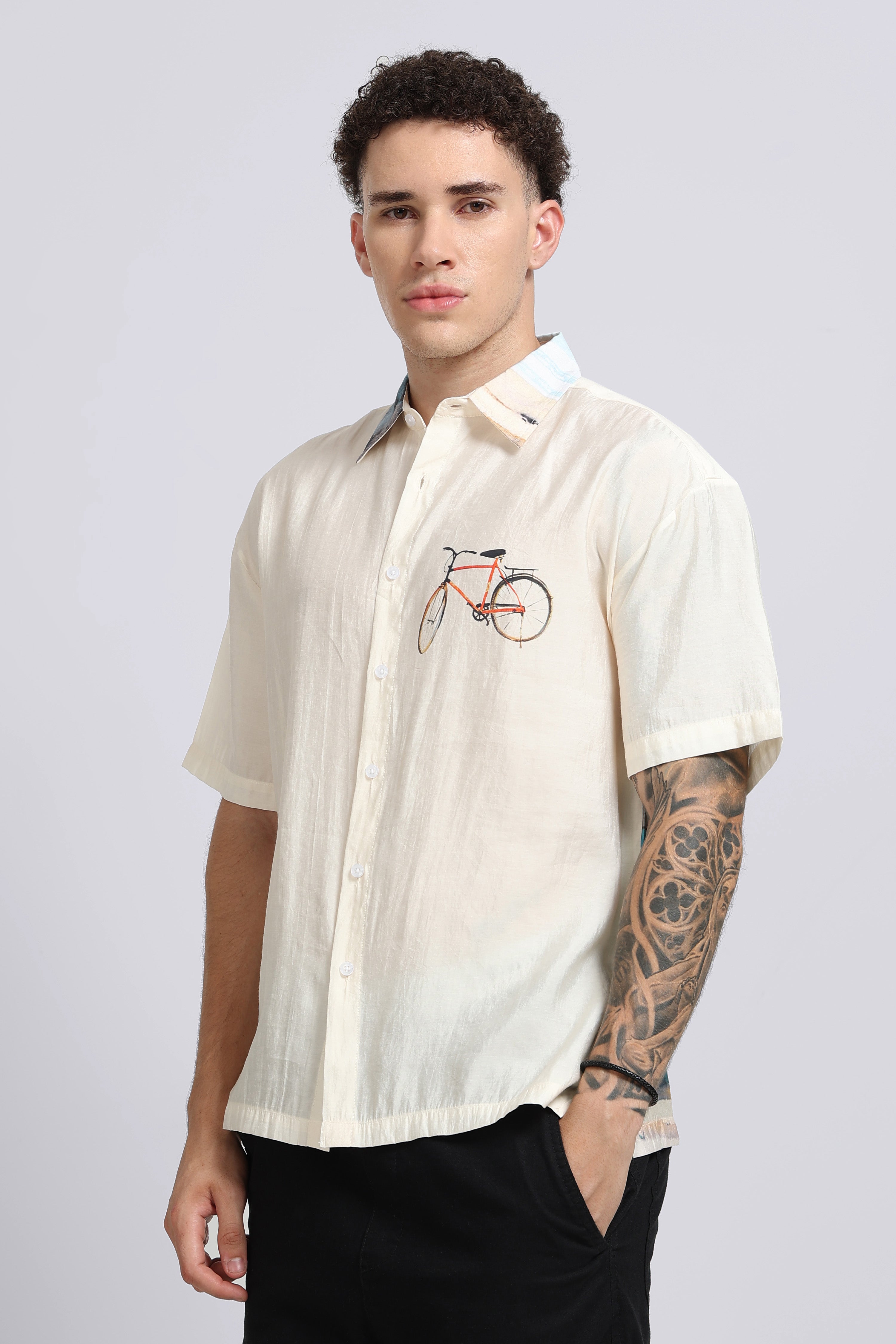 Men Cream Oversized Print Shirt