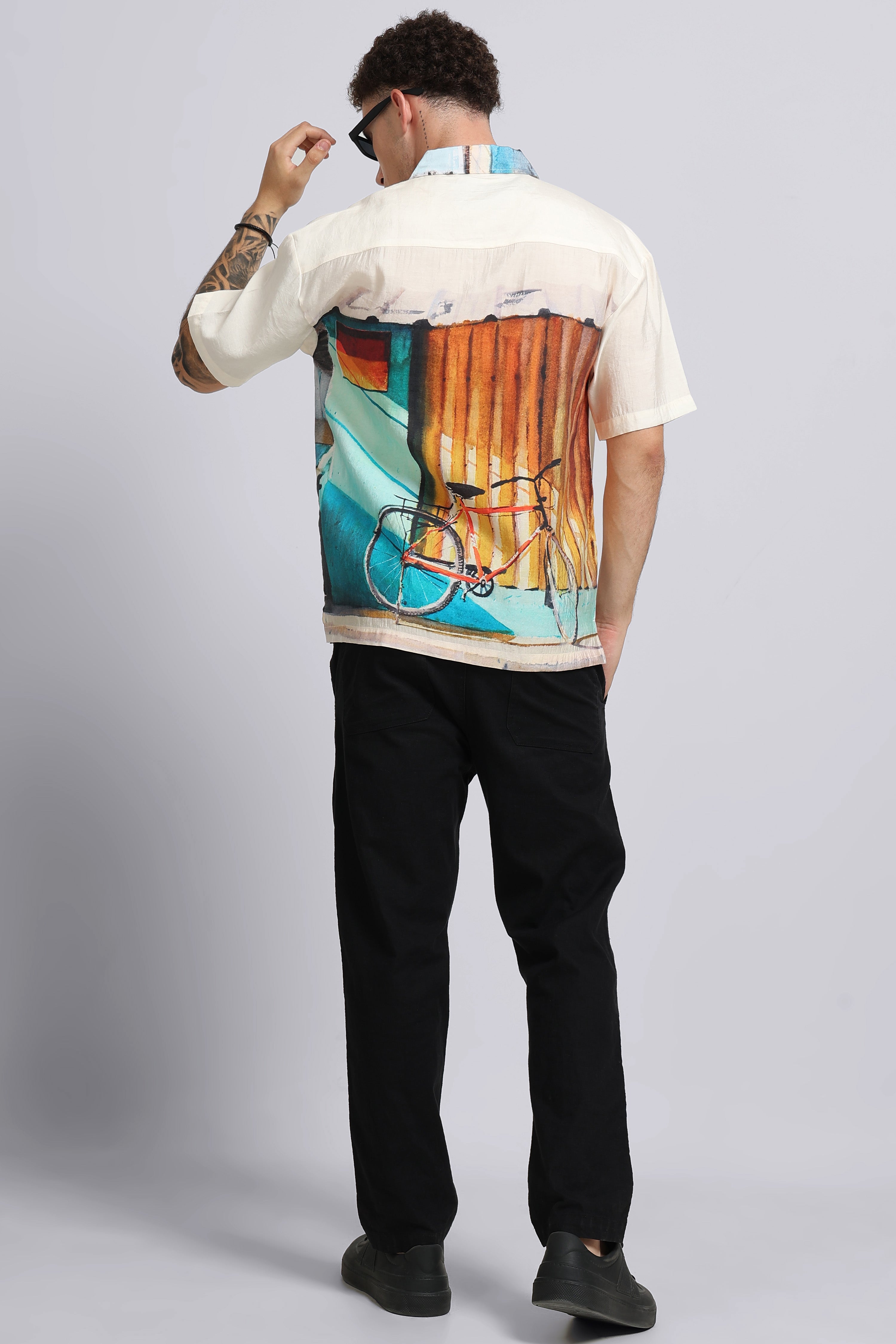 Men Cream Oversized Print Shirt