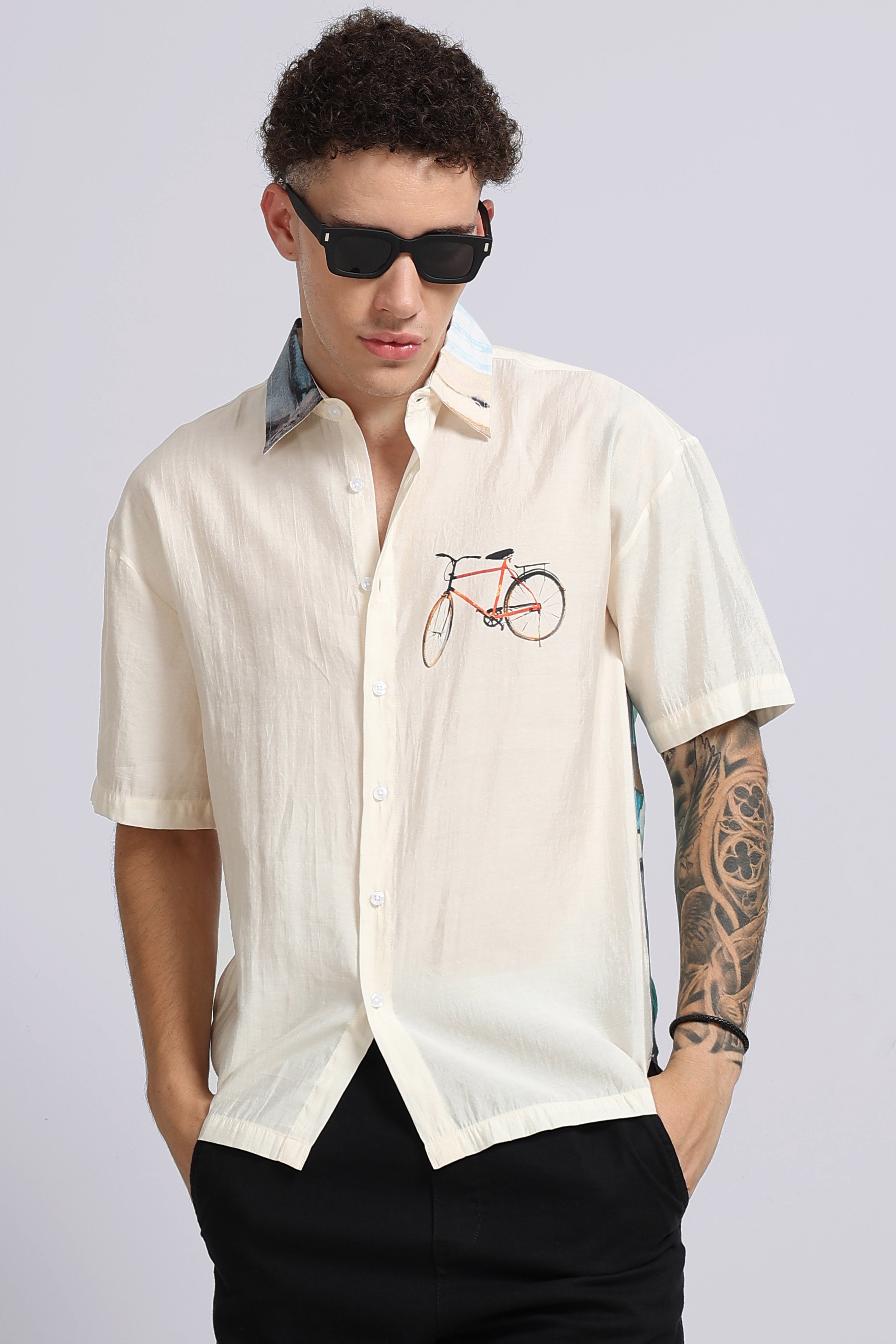 Men Cream Oversized Print Shirt