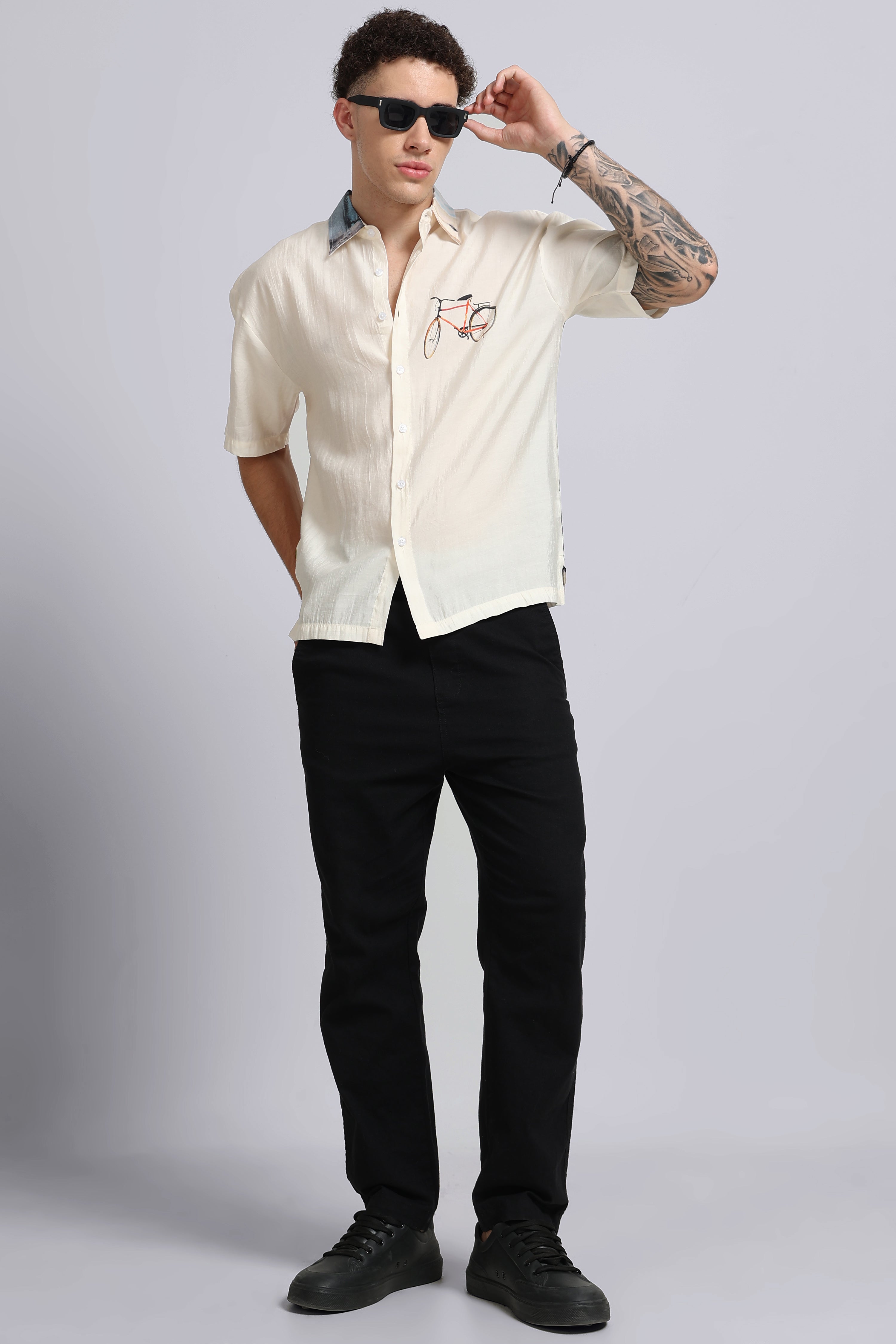 Men Cream Oversized Print Shirt