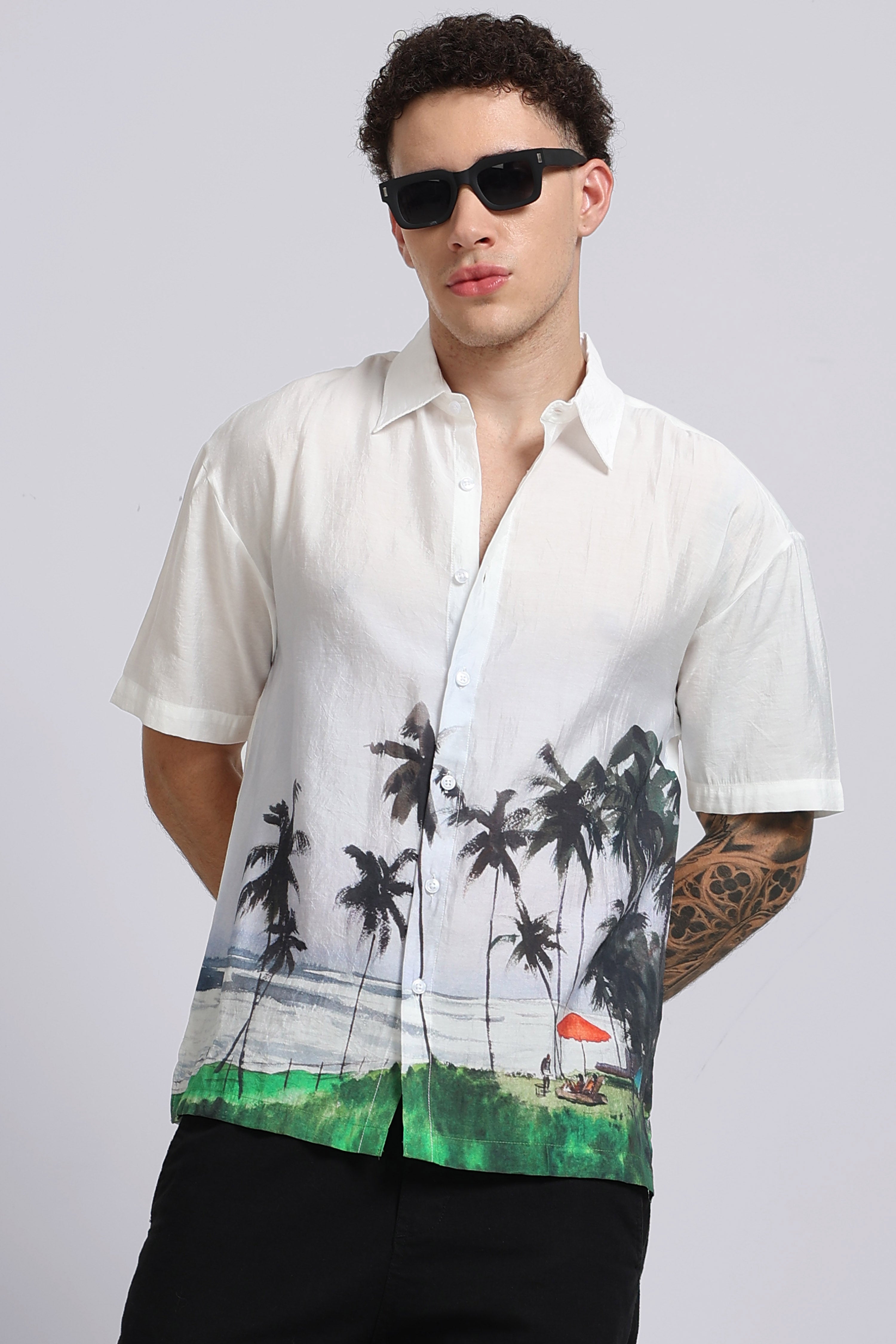 Men Brown Oversized Print Shirt