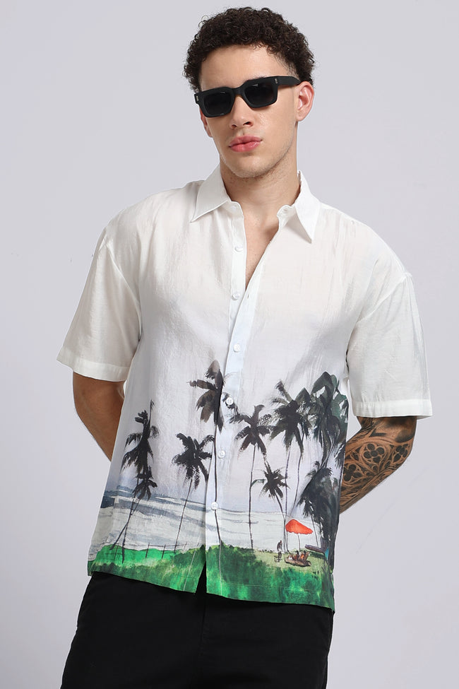 Men Brown Oversized Print Shirt